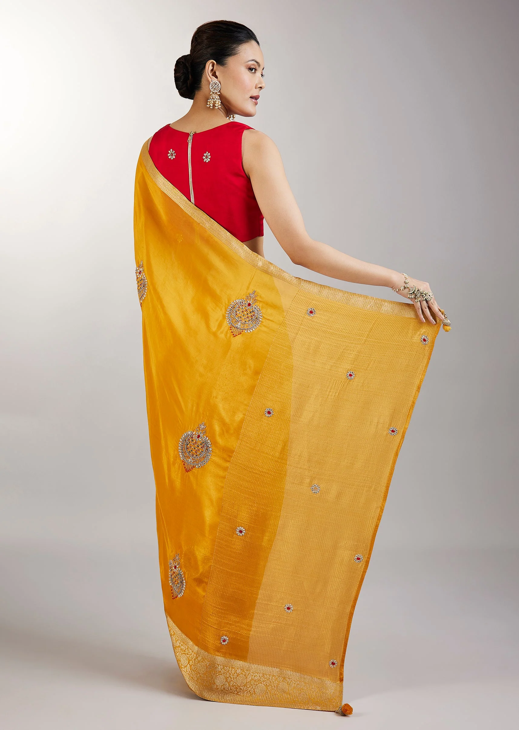 Yellow Embroidered Crepe Saree - Image 4