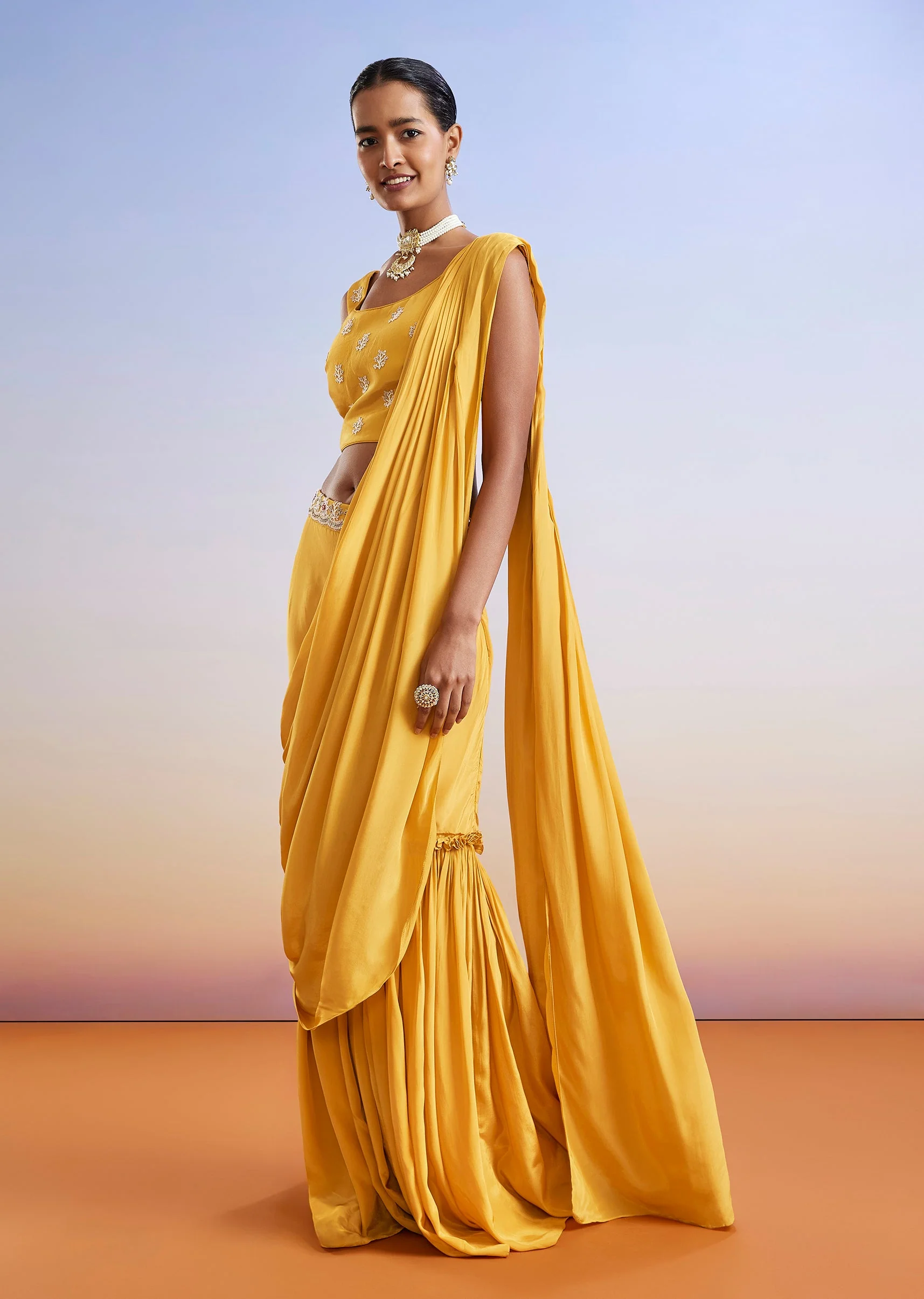 Yellow Embroidered Crop Top Sharara Set With Jacket - Image 6