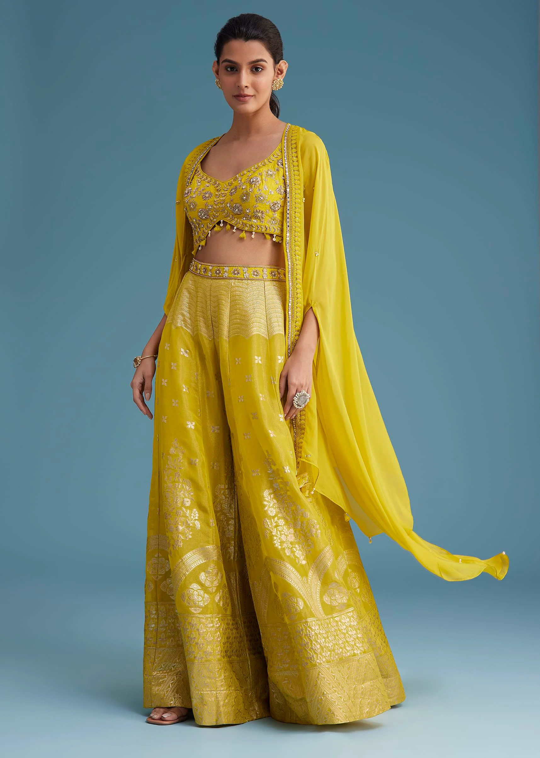 Yellow Embroidered Croptop With Banarasi Weave Palazzo And Lace Jacket
