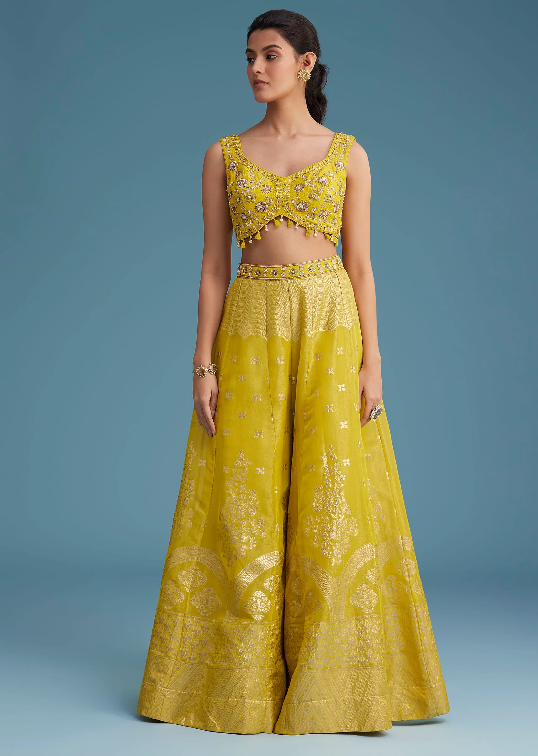 Yellow Embroidered Croptop With Banarasi Weave Palazzo And Lace Jacket - Image 5