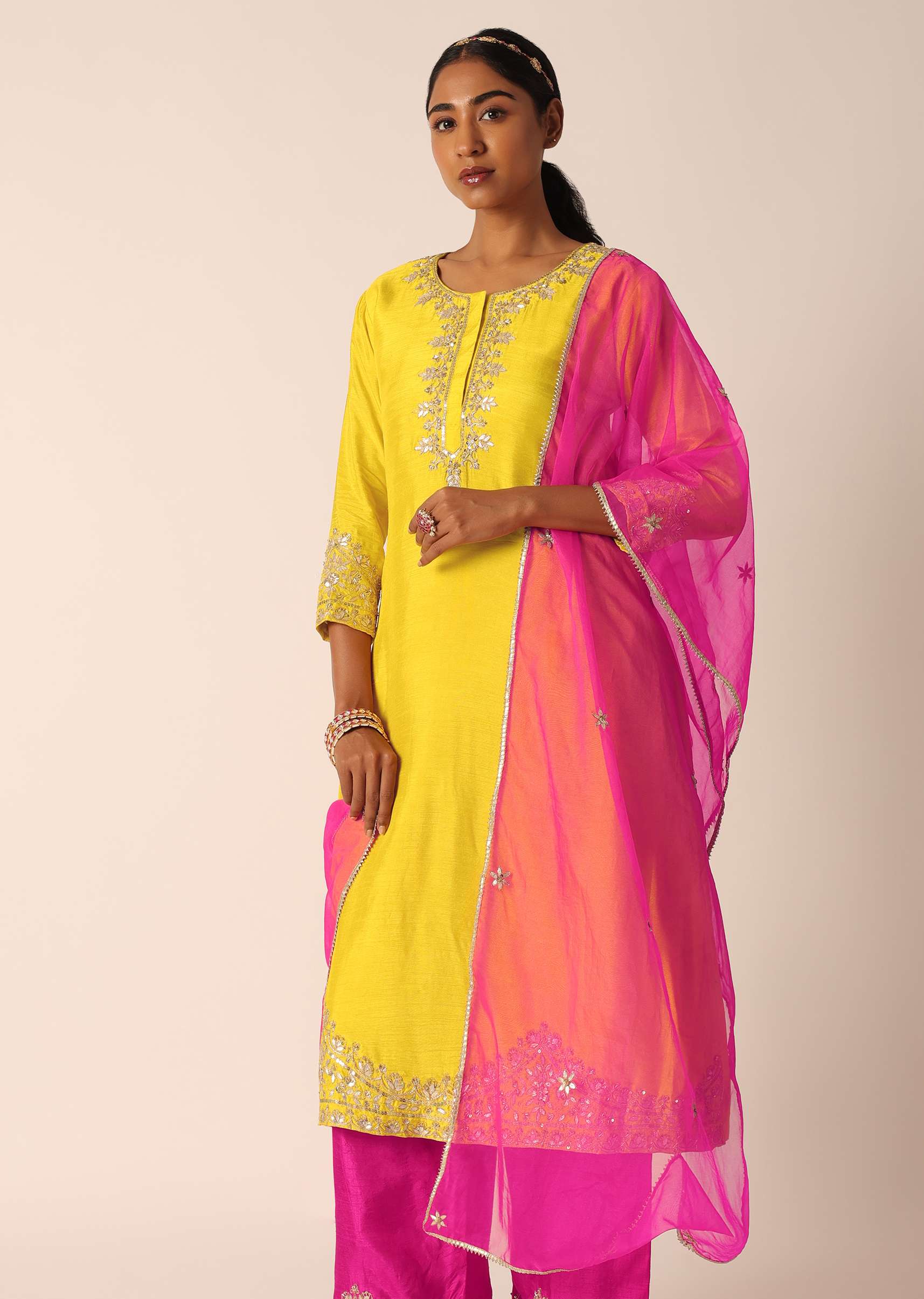 Yellow Embroidered Kurta Set With Organza Dupatta And Gota Patti Work - Image 12