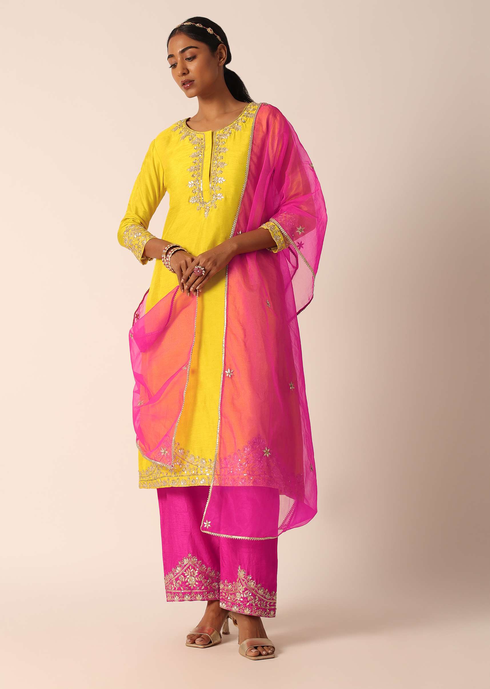 Yellow Embroidered Kurta Set With Organza Dupatta And Gota Patti Work - Image 17
