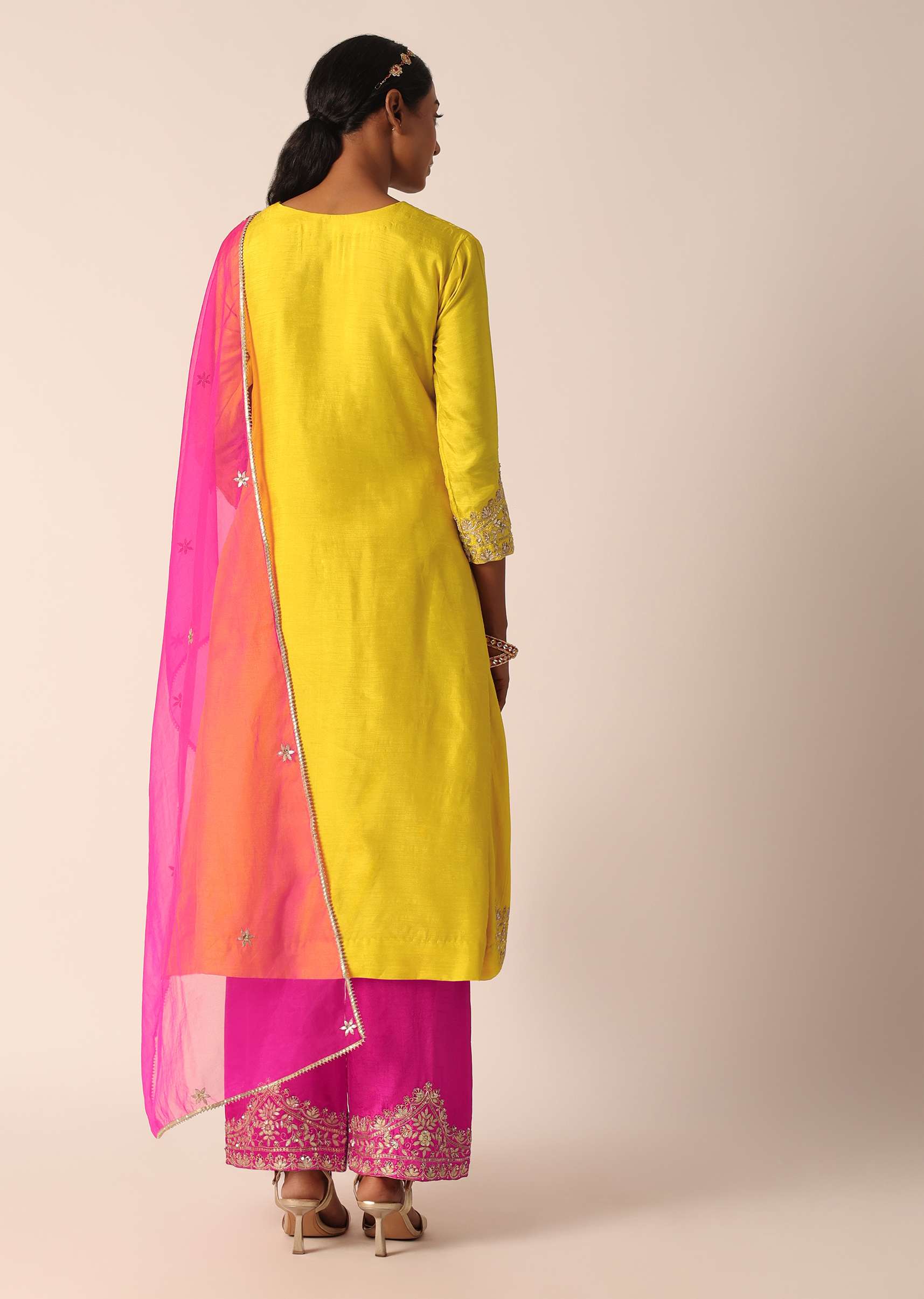 Yellow Embroidered Kurta Set With Organza Dupatta And Gota Patti Work - Image 5