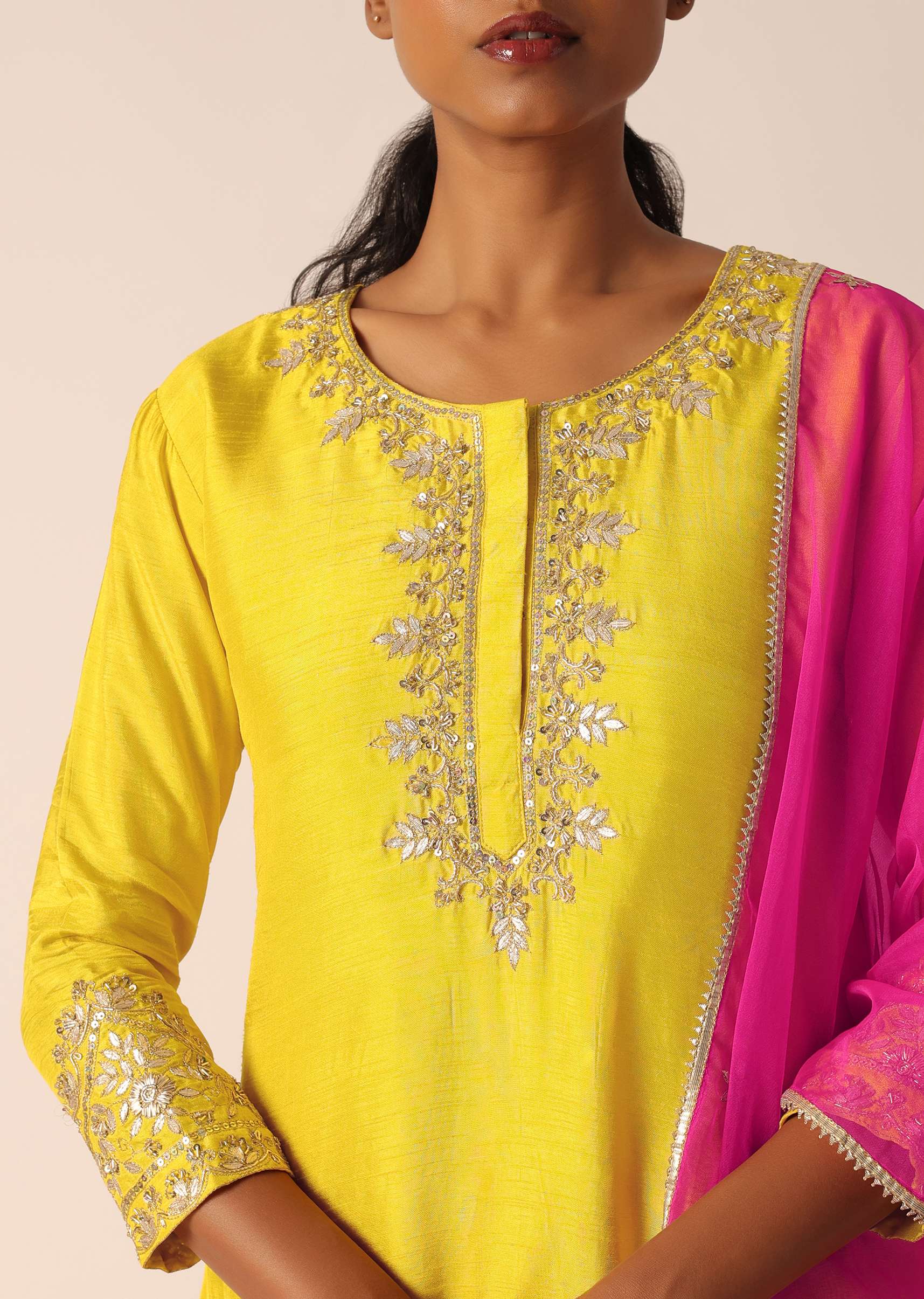 Yellow Embroidered Kurta Set With Organza Dupatta And Gota Patti Work - Image 8