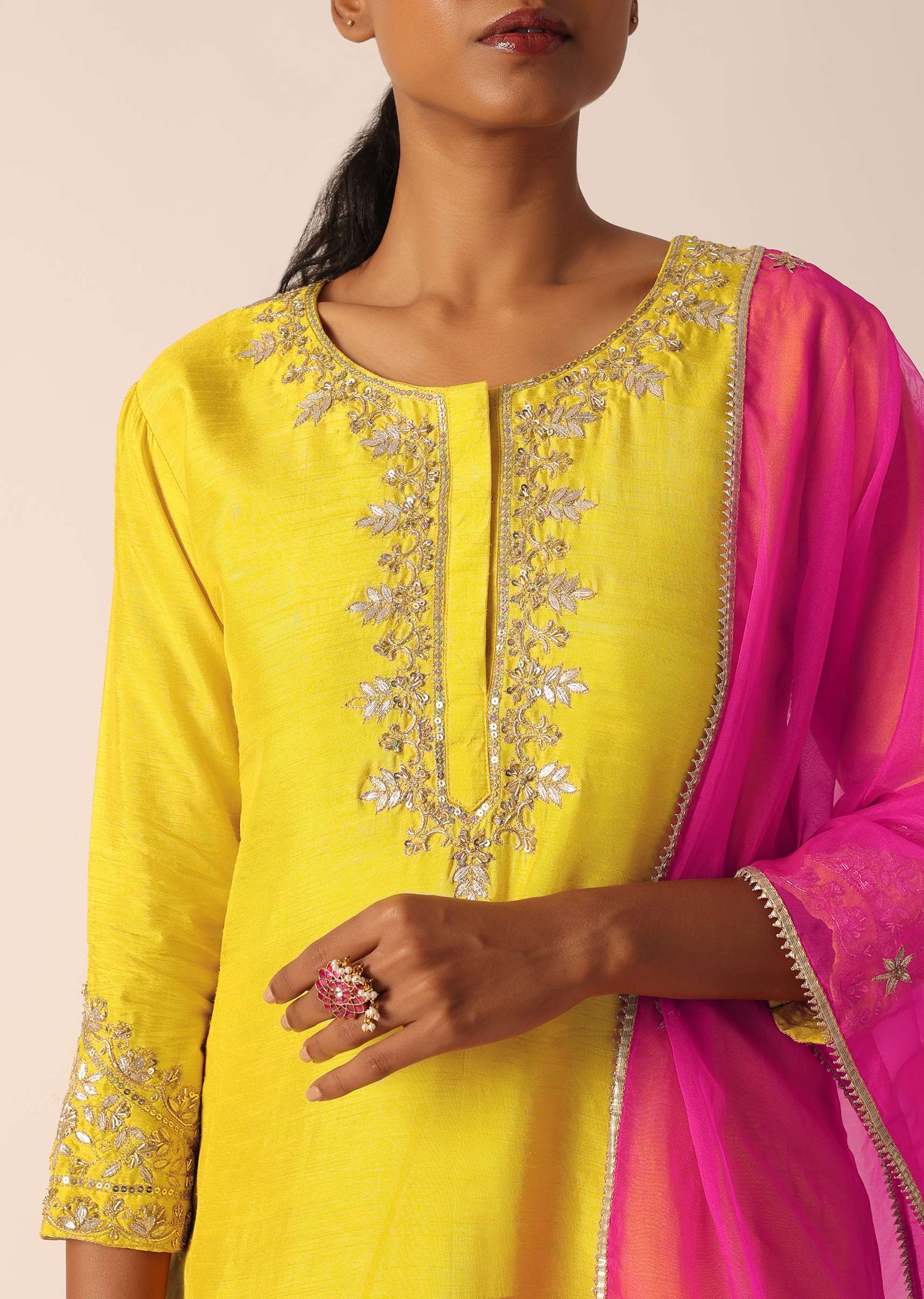 Yellow Embroidered Kurta Set With Organza Dupatta And Gota Patti Work - Image 9