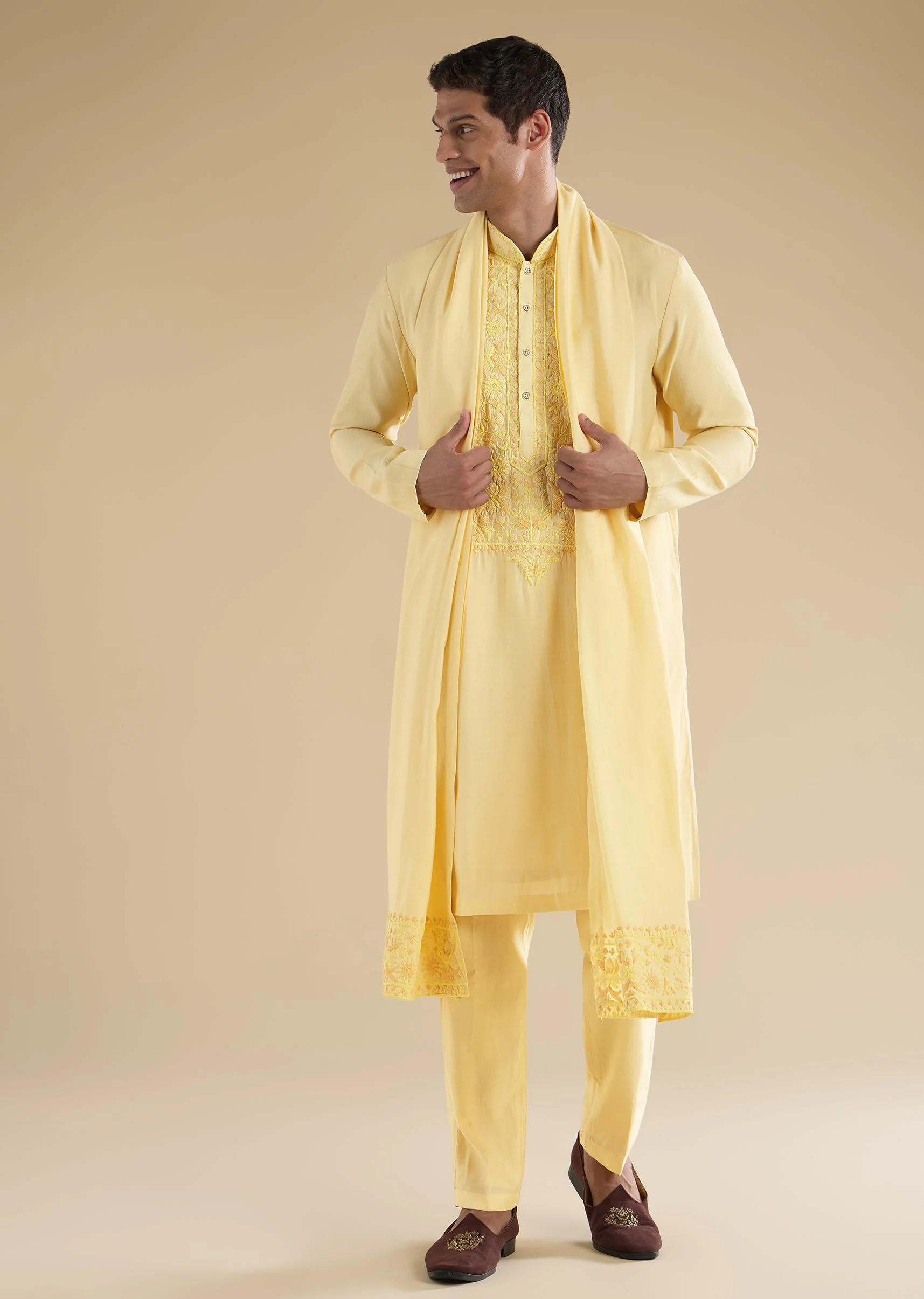 Yellow Embroidered Kurta Sets And Dupattas