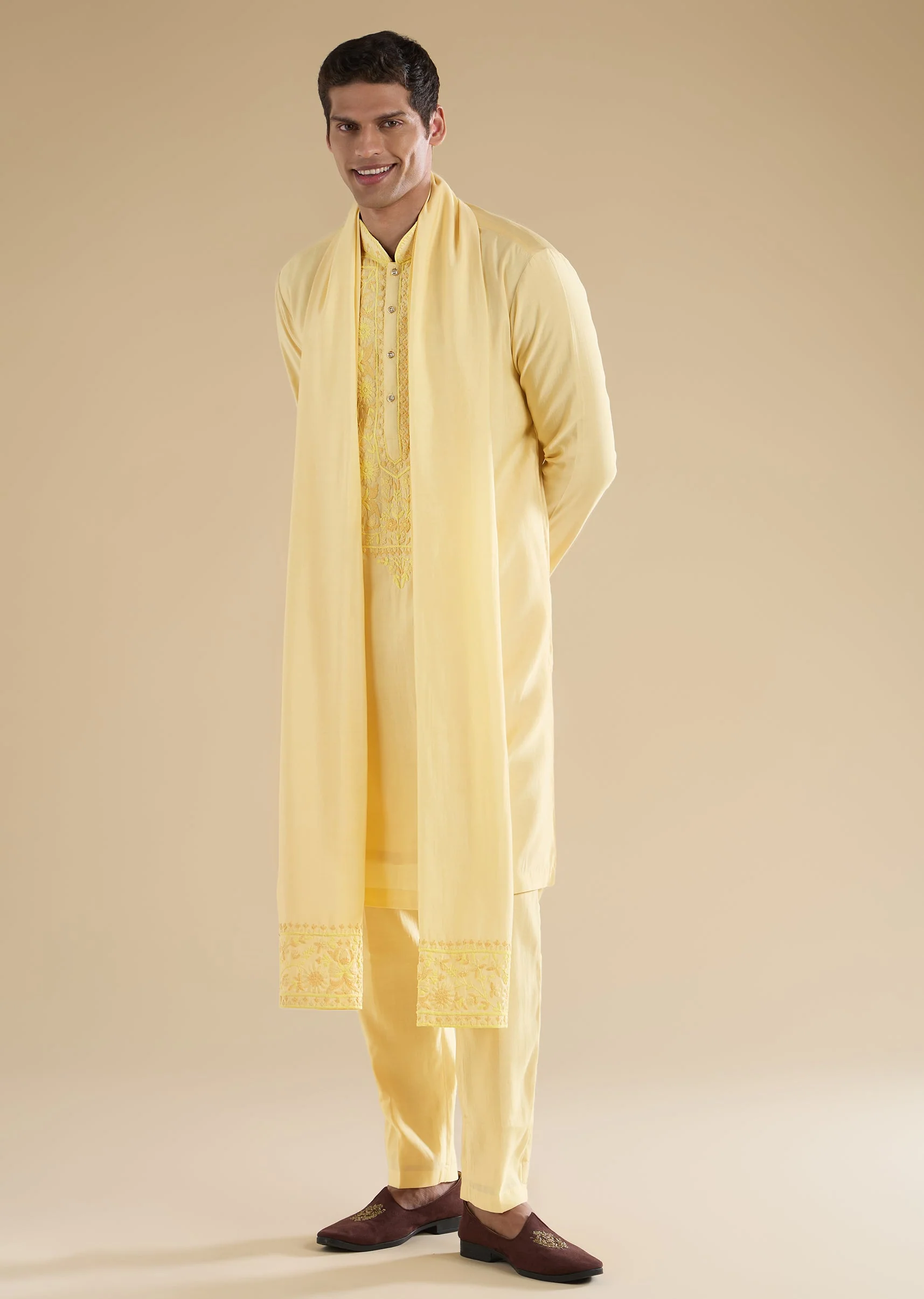 Yellow Embroidered Kurta Sets And Dupattas - Image 3