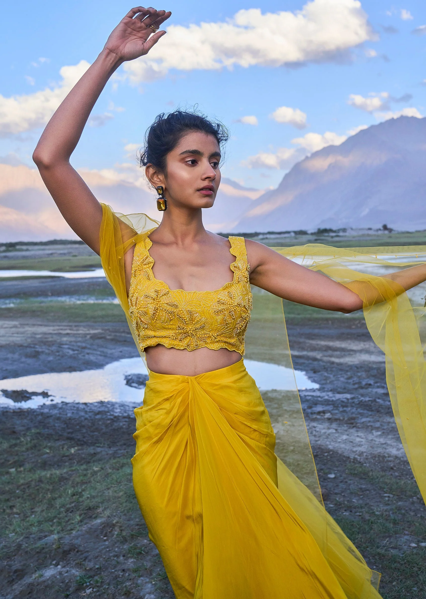 Yellow Pre Draped Skirt With Embroidered Corset Blouse And Cape - Image 2
