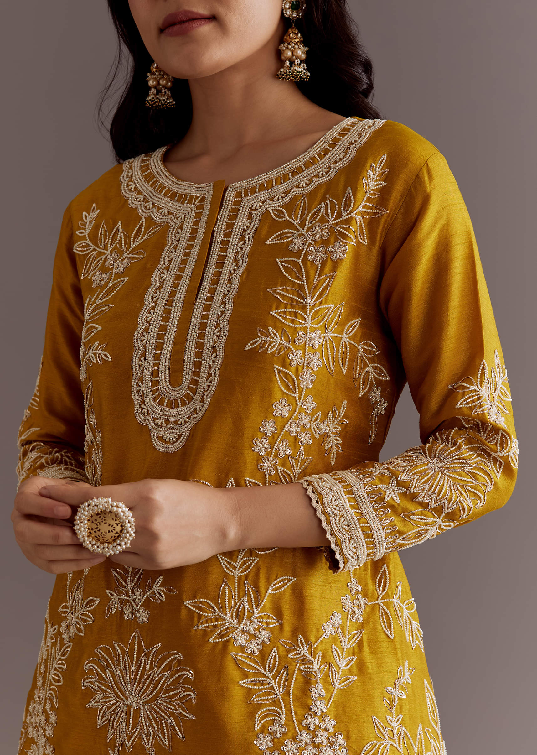 Yellow Embroidered Short Kurta With Silk Satin Dhoti - Image 3