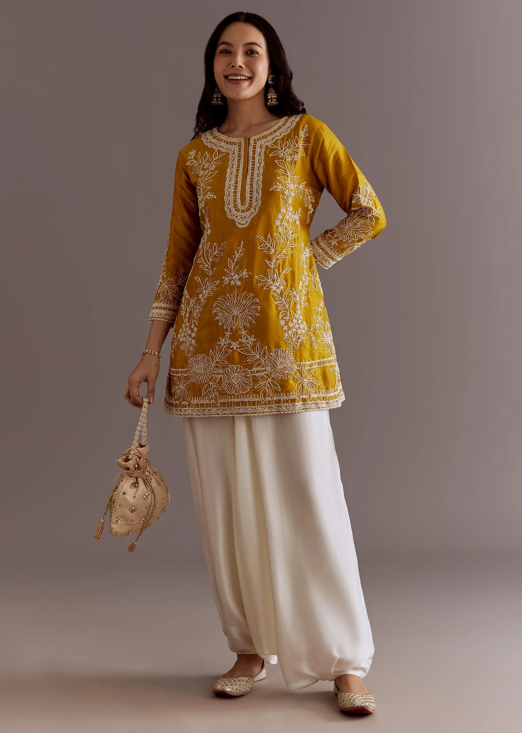 Yellow Embroidered Short Kurta With Silk Satin Dhoti - Image 4