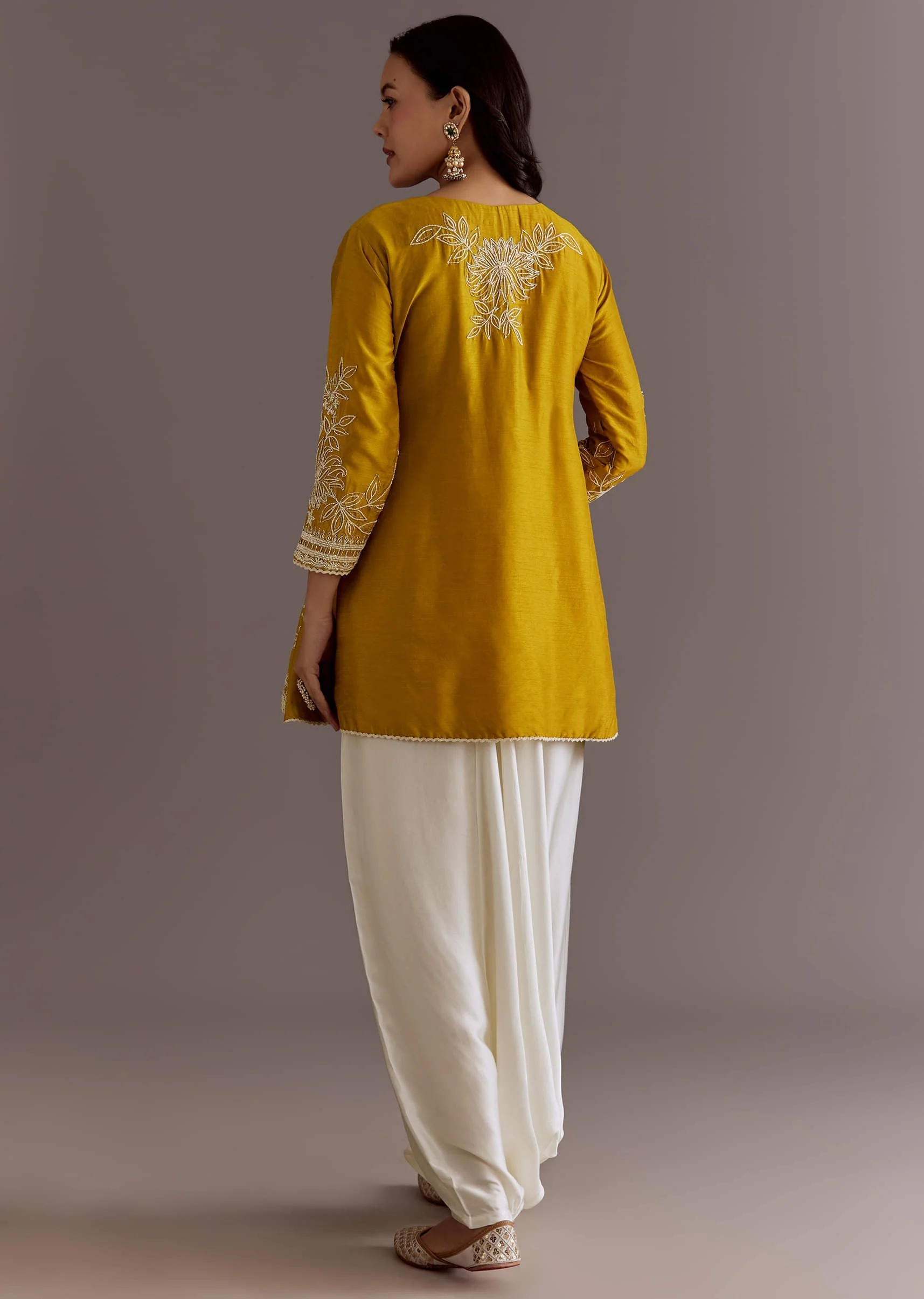 Yellow Embroidered Short Kurta With Silk Satin Dhoti - Image 5