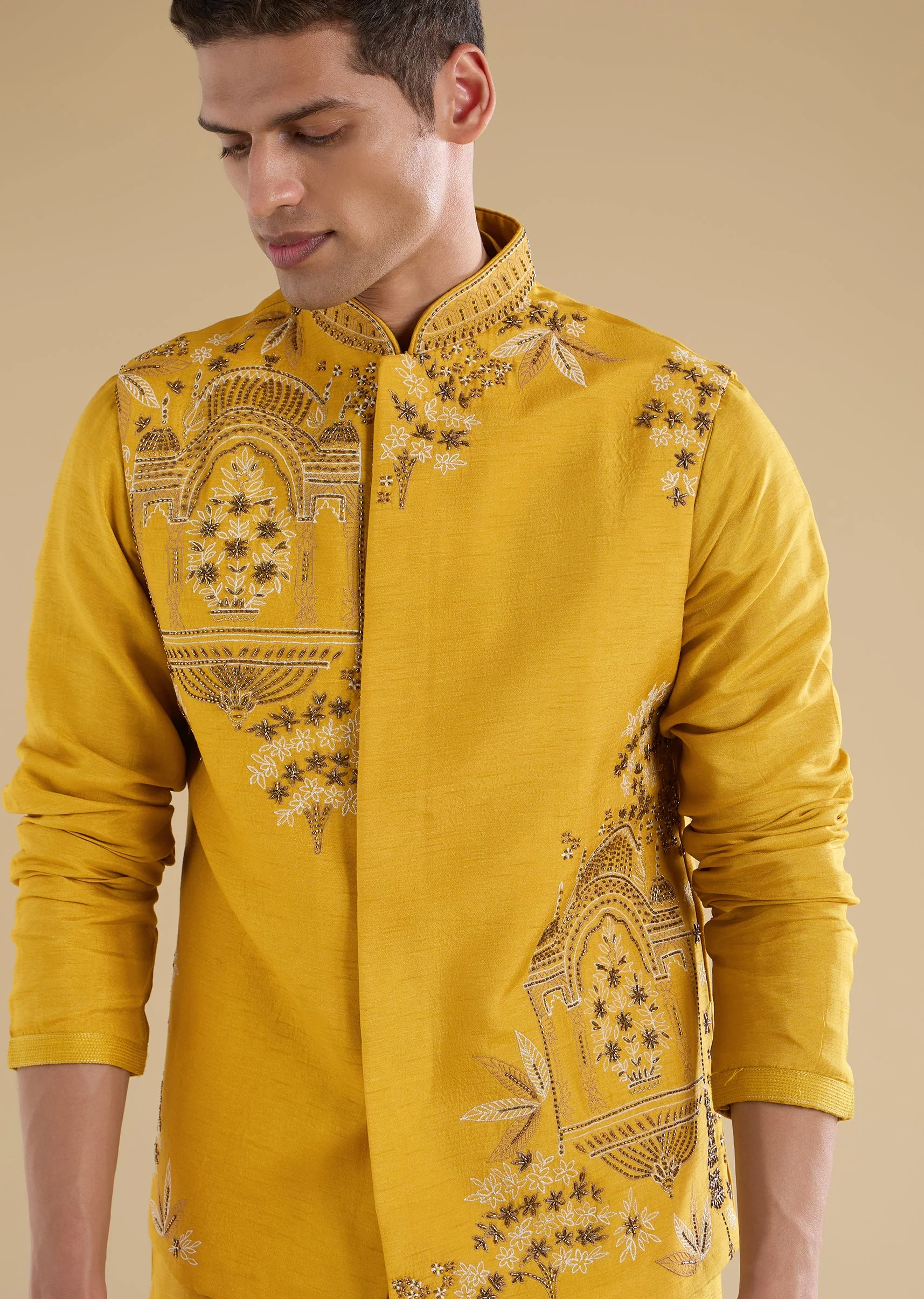 Yellow Embroidered Silk Kurta Jacket Set - Image 2
