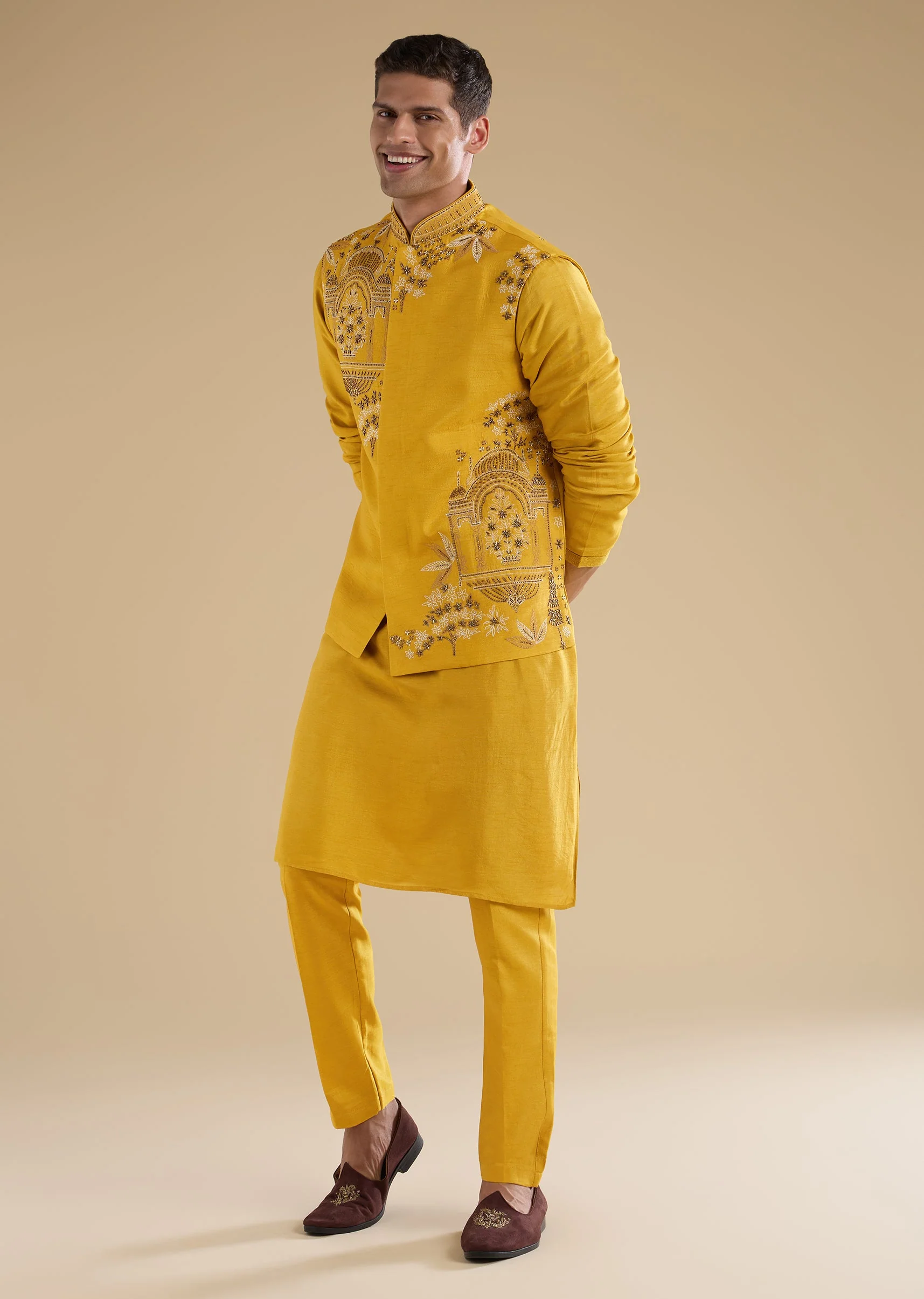Yellow Embroidered Silk Kurta Jacket Set - Image 3
