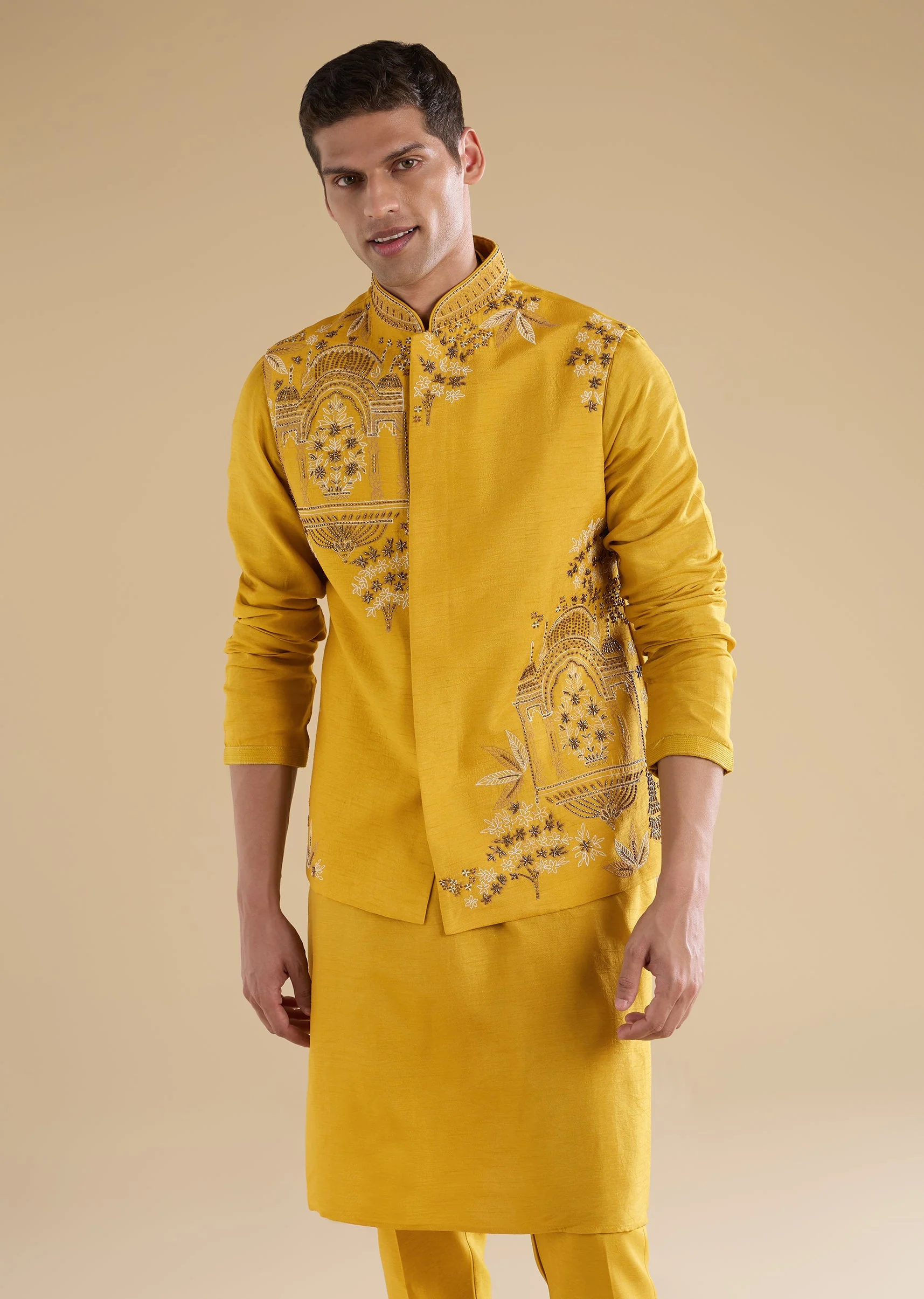 Yellow Embroidered Silk Kurta Jacket Set - Image 4