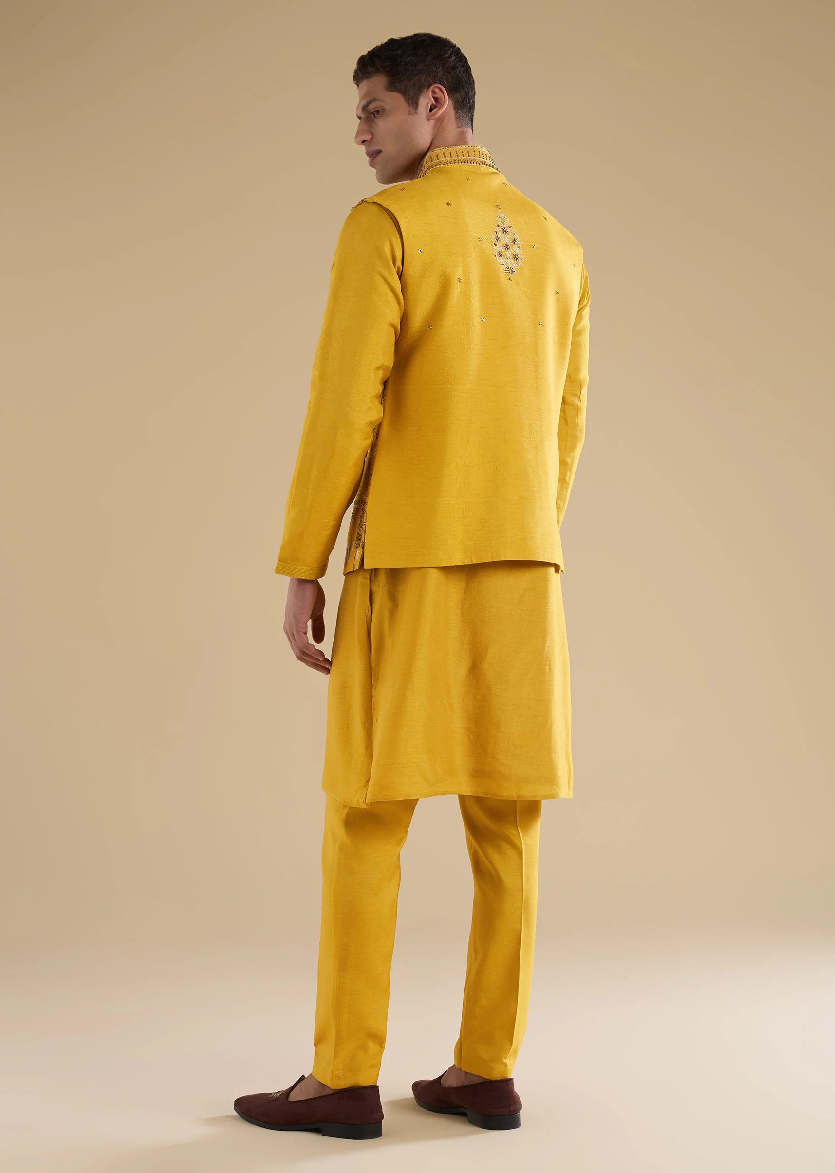 Yellow Embroidered Silk Kurta Jacket Set - Image 5