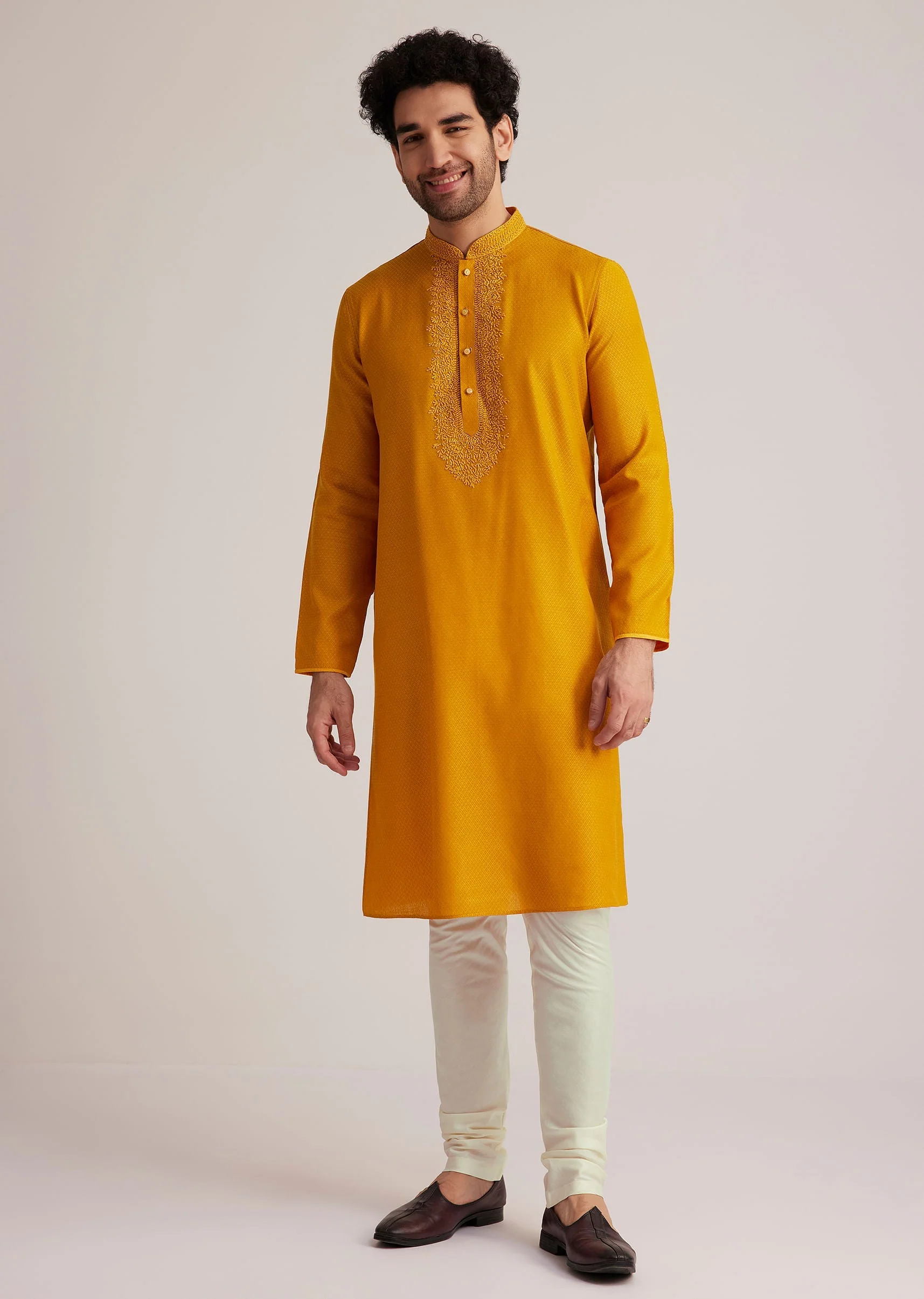 Yellow Embroidered Silk Kurta Set - Image 4