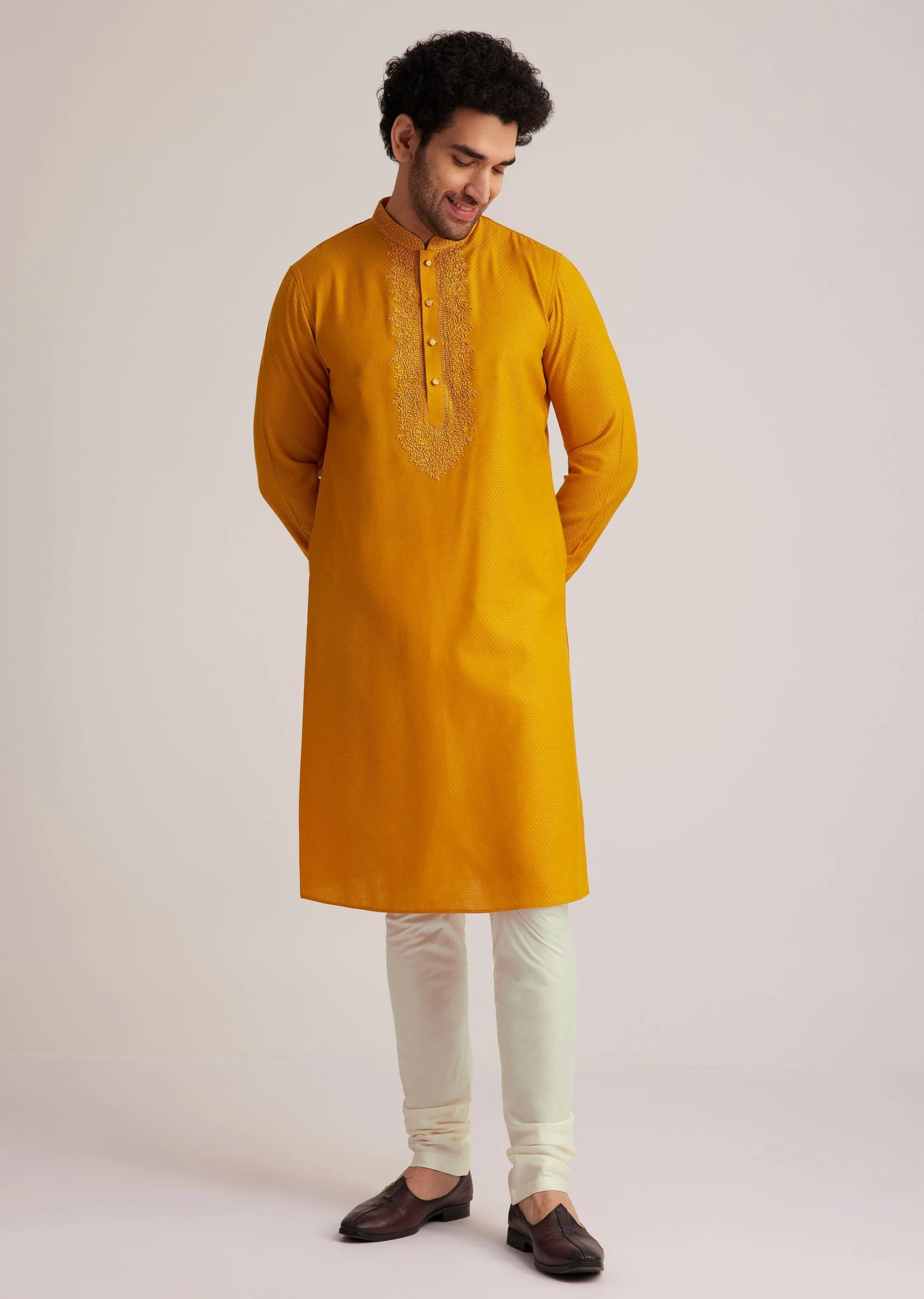 Yellow Embroidered Silk Kurta Set - Image 5