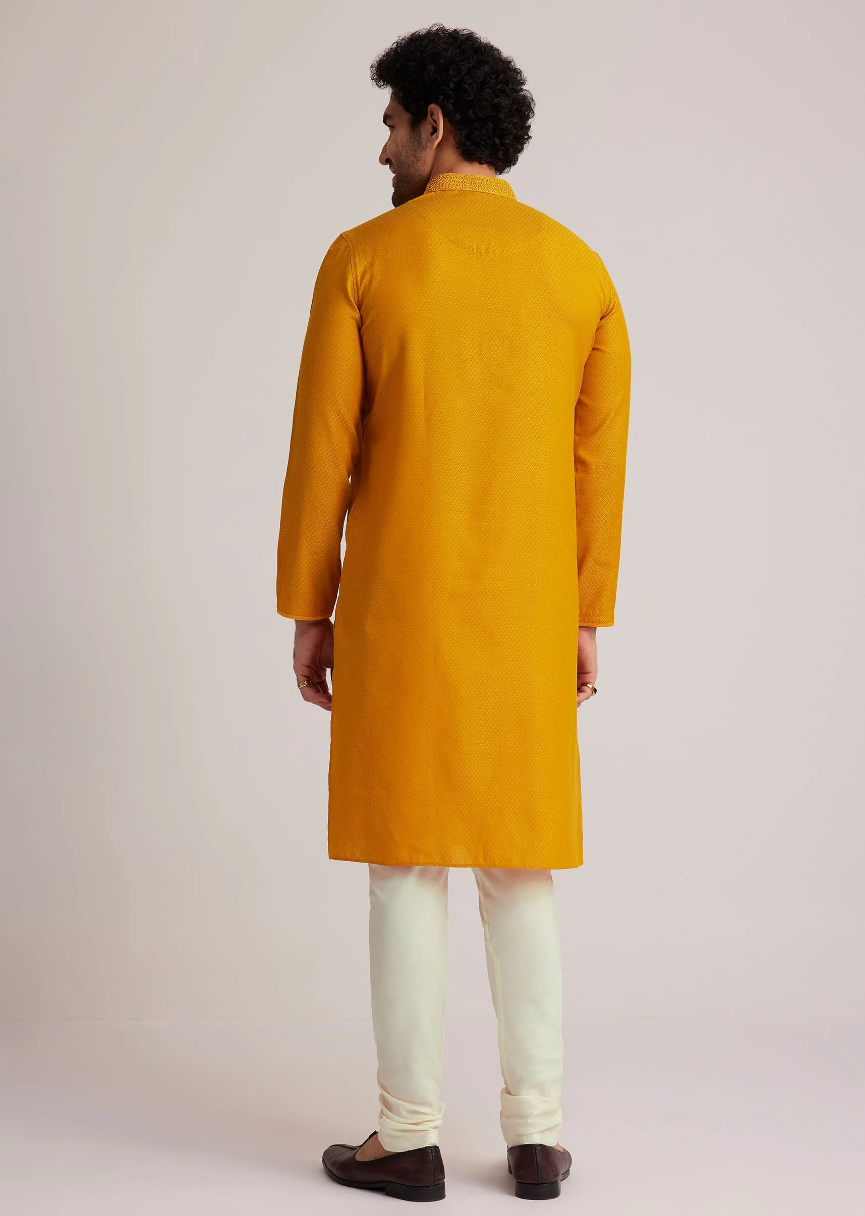Yellow Embroidered Silk Kurta Set - Image 6