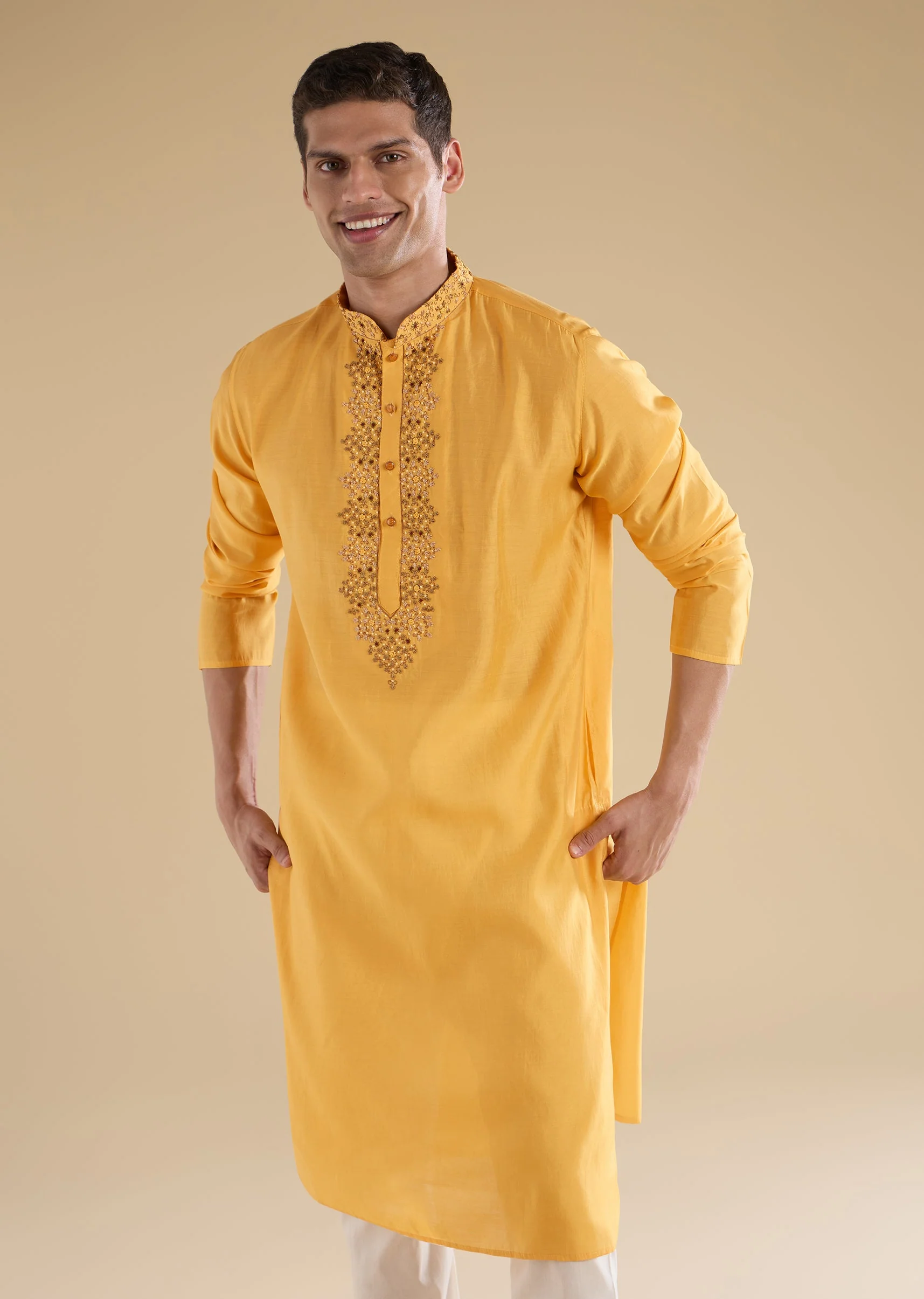 Yellow Embroidered Silk Kurtas Sets
