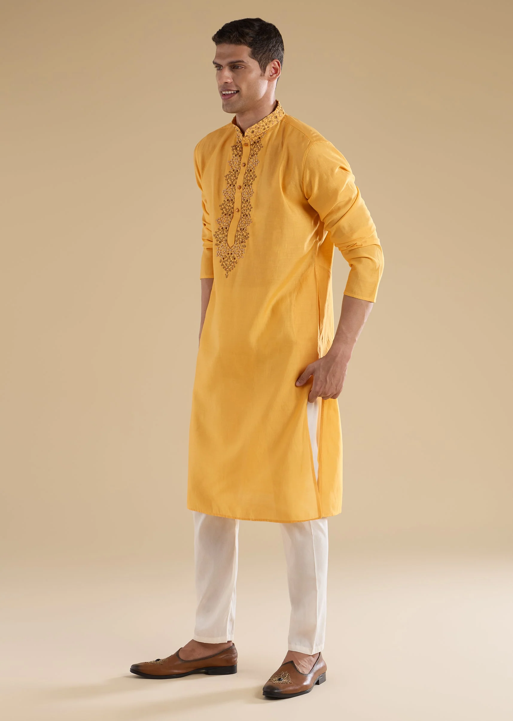 Yellow Embroidered Silk Kurtas Sets - Image 2