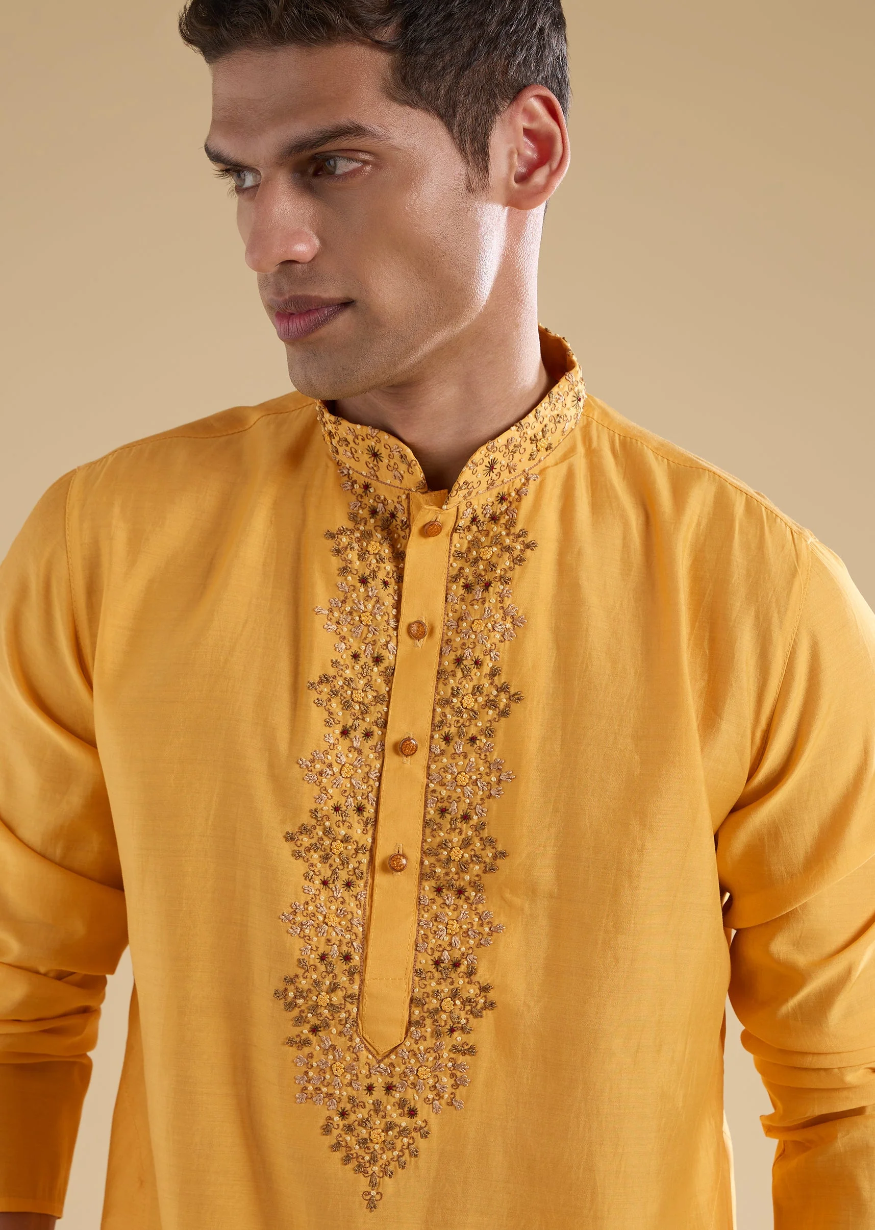 Yellow Embroidered Silk Kurtas Sets - Image 3