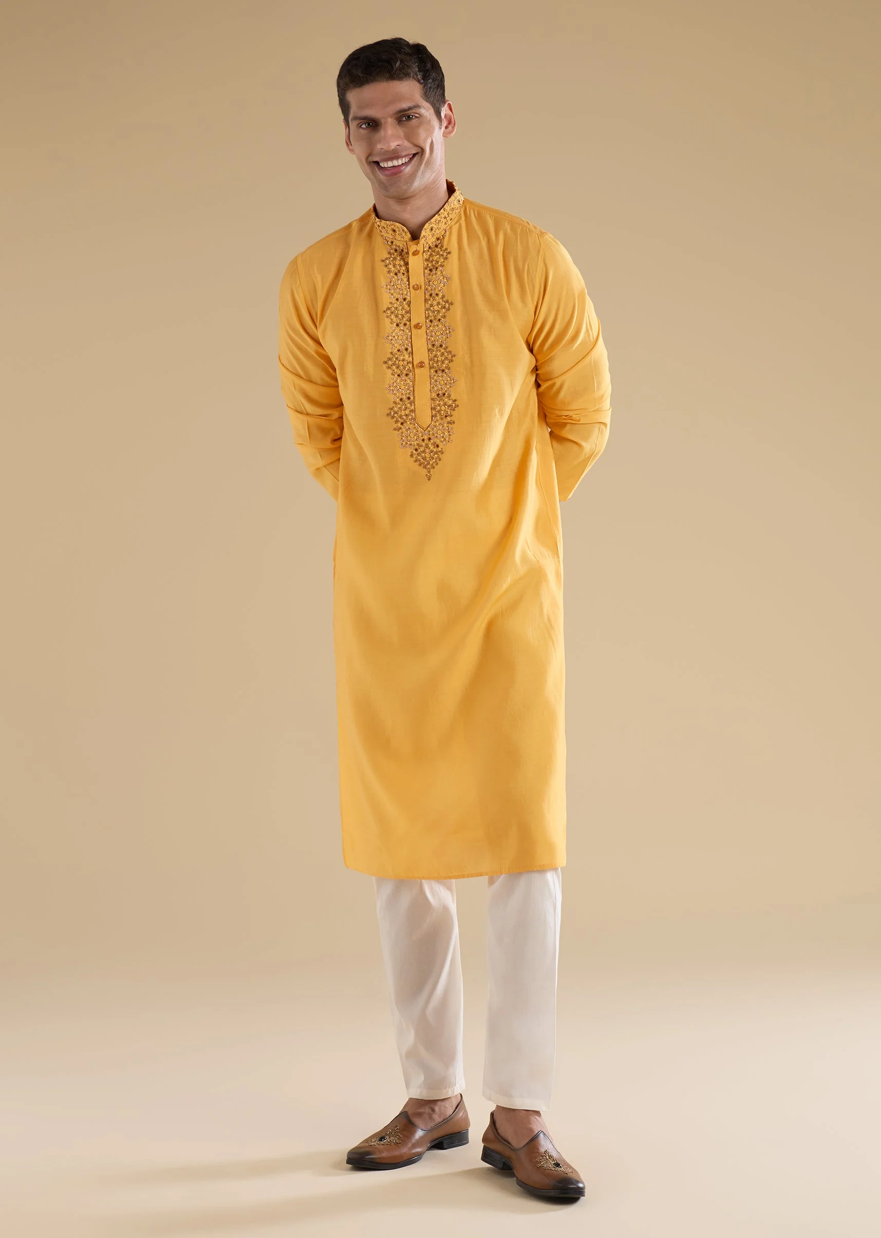 Yellow Embroidered Silk Kurtas Sets - Image 4