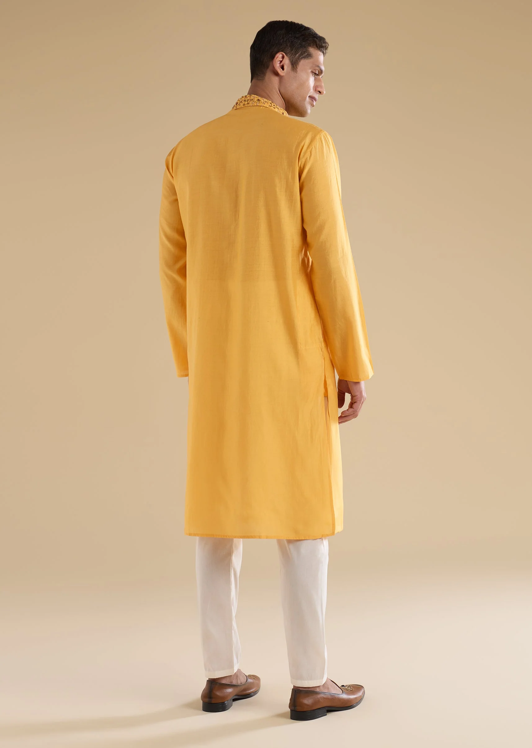 Yellow Embroidered Silk Kurtas Sets - Image 5