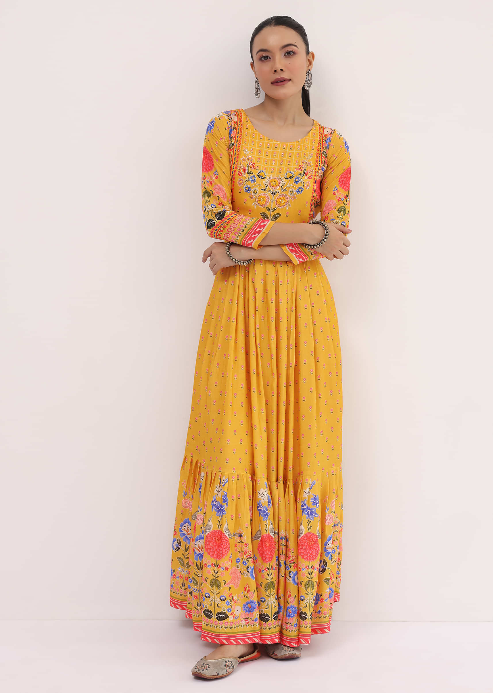 Yellow Embroidered Silk Long Kurti