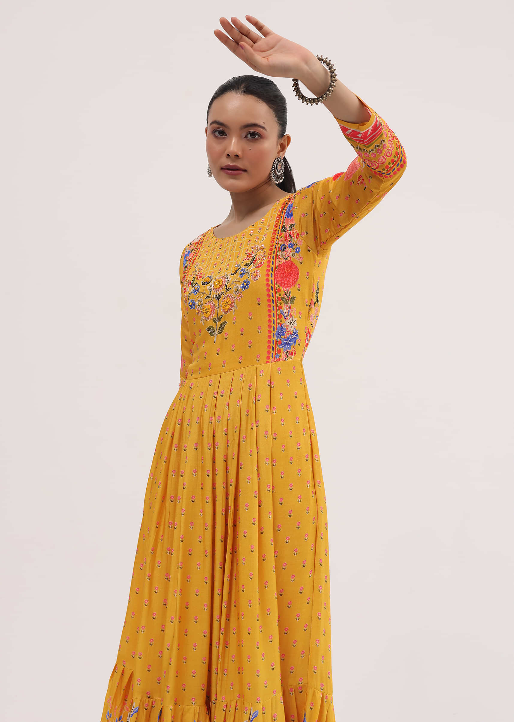 Yellow Embroidered Silk Long Kurti - Image 2