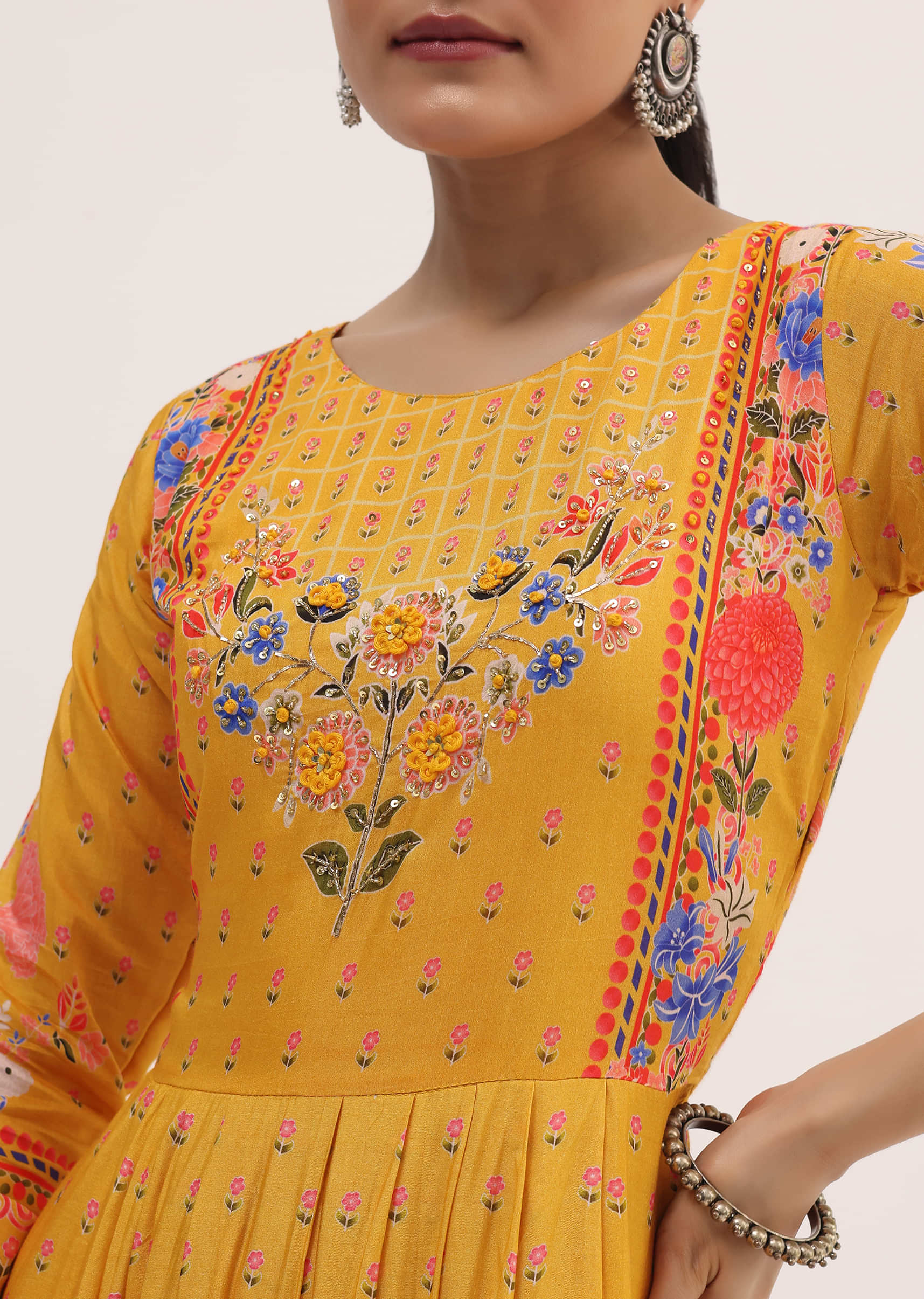 Yellow Embroidered Silk Long Kurti - Image 4