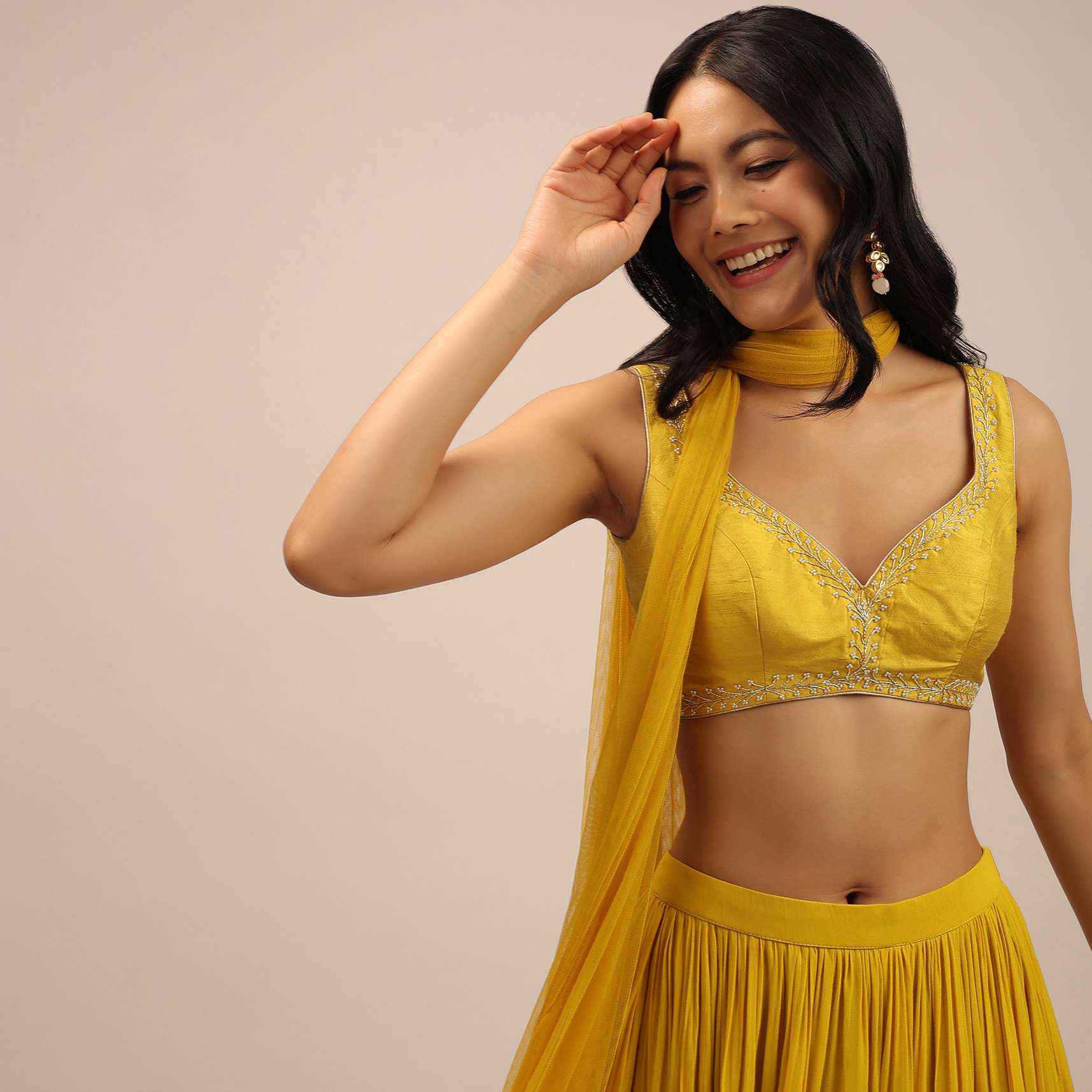 Yellow Festive Blouse With Thread Work And Sweetheart Neckline - Image 3