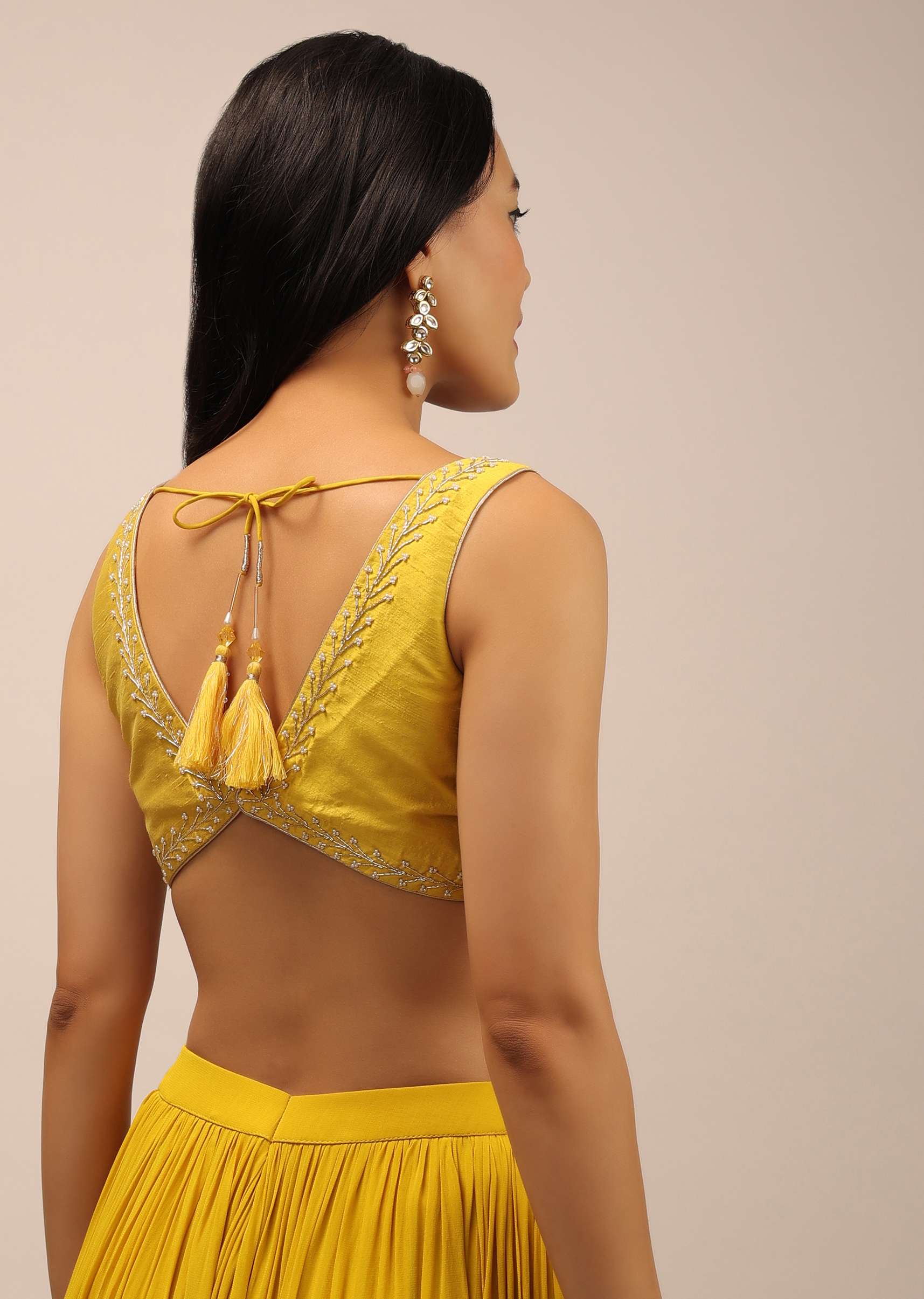 Yellow Festive Blouse With Thread Work And Sweetheart Neckline - Image 5