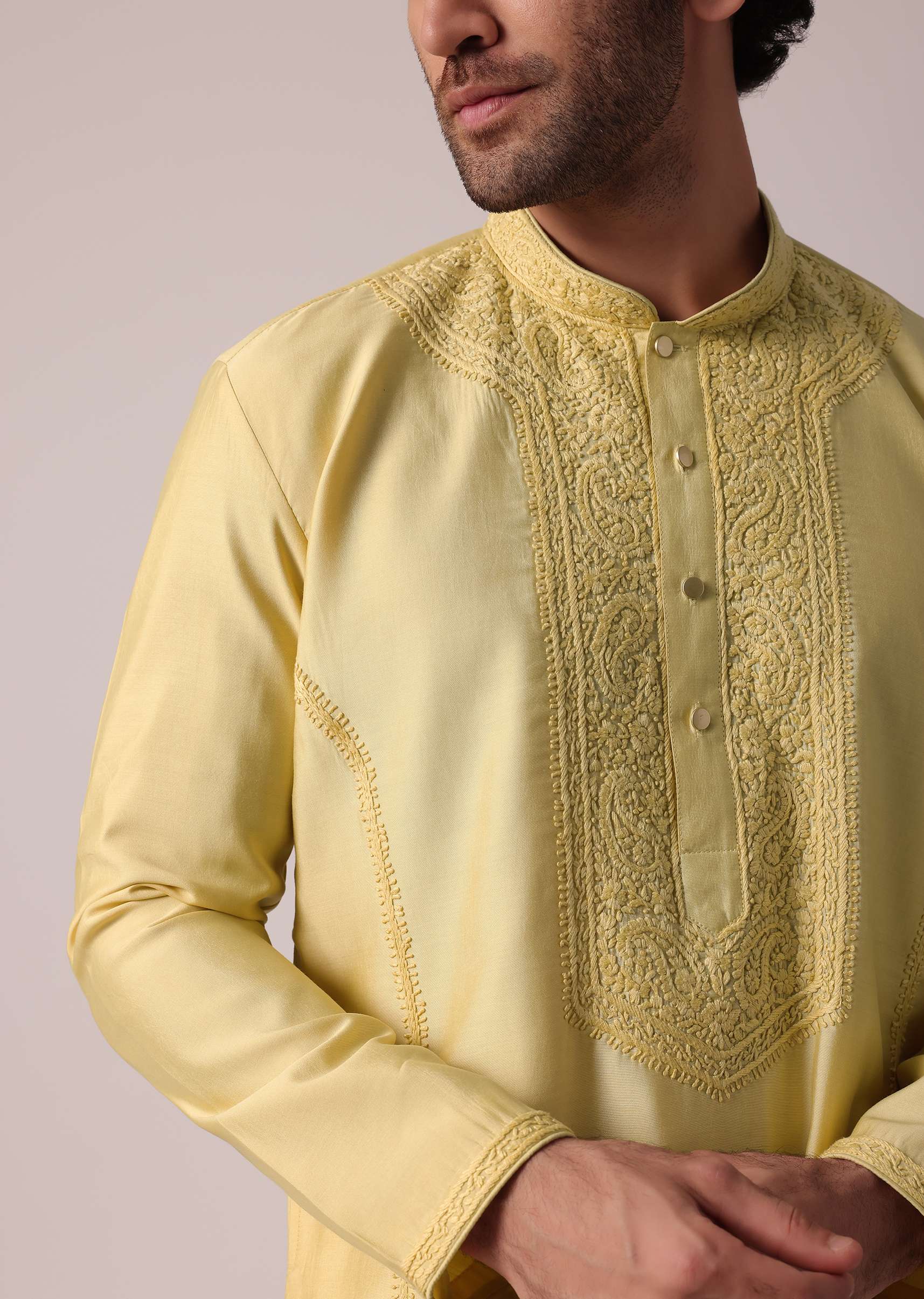 Yellow Festive Silk Kurta Set For Men - Image 2