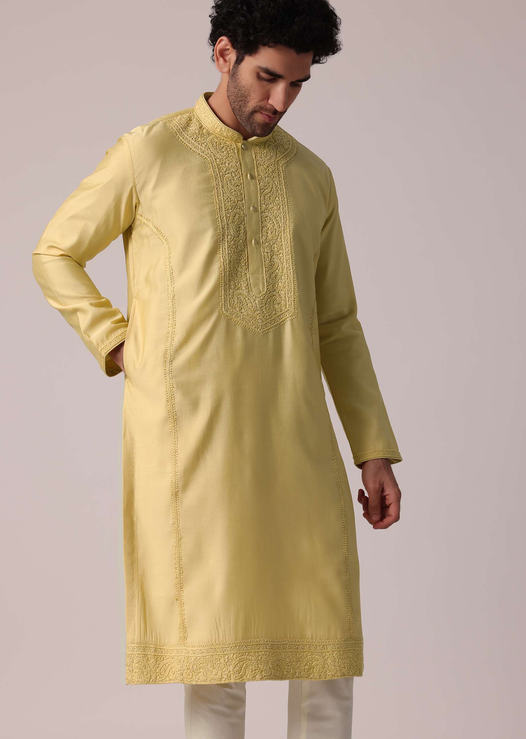 Yellow Festive Silk Kurta Set For Men - Image 4