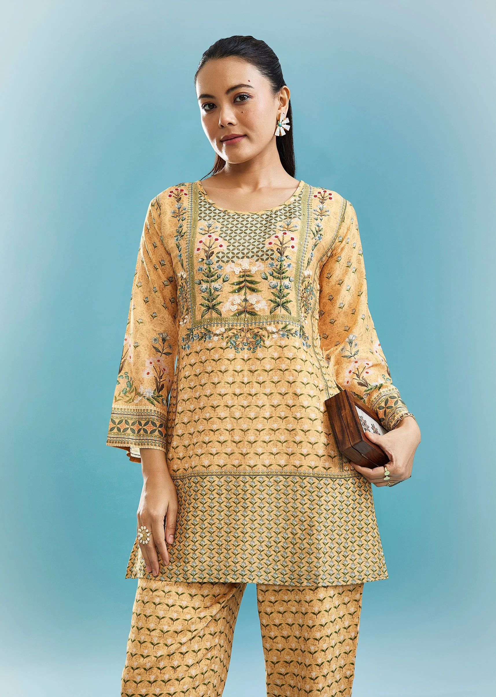 Yellow Floral Co-ord Set With Cut Dana And Sequins Work - Image 4