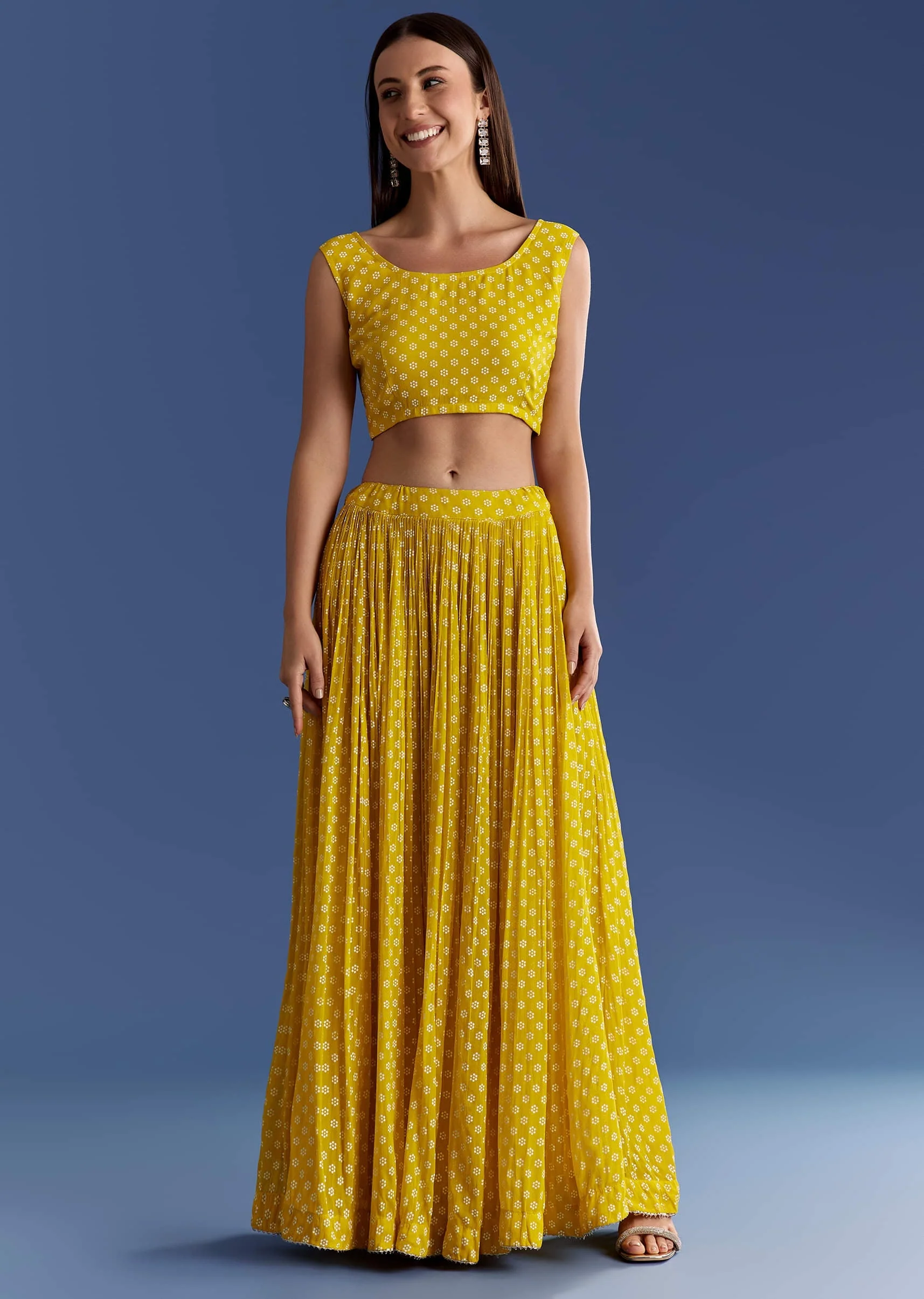 Yellow Floral Georgette Lehenga Set With Zardosi Croptop - Image 6