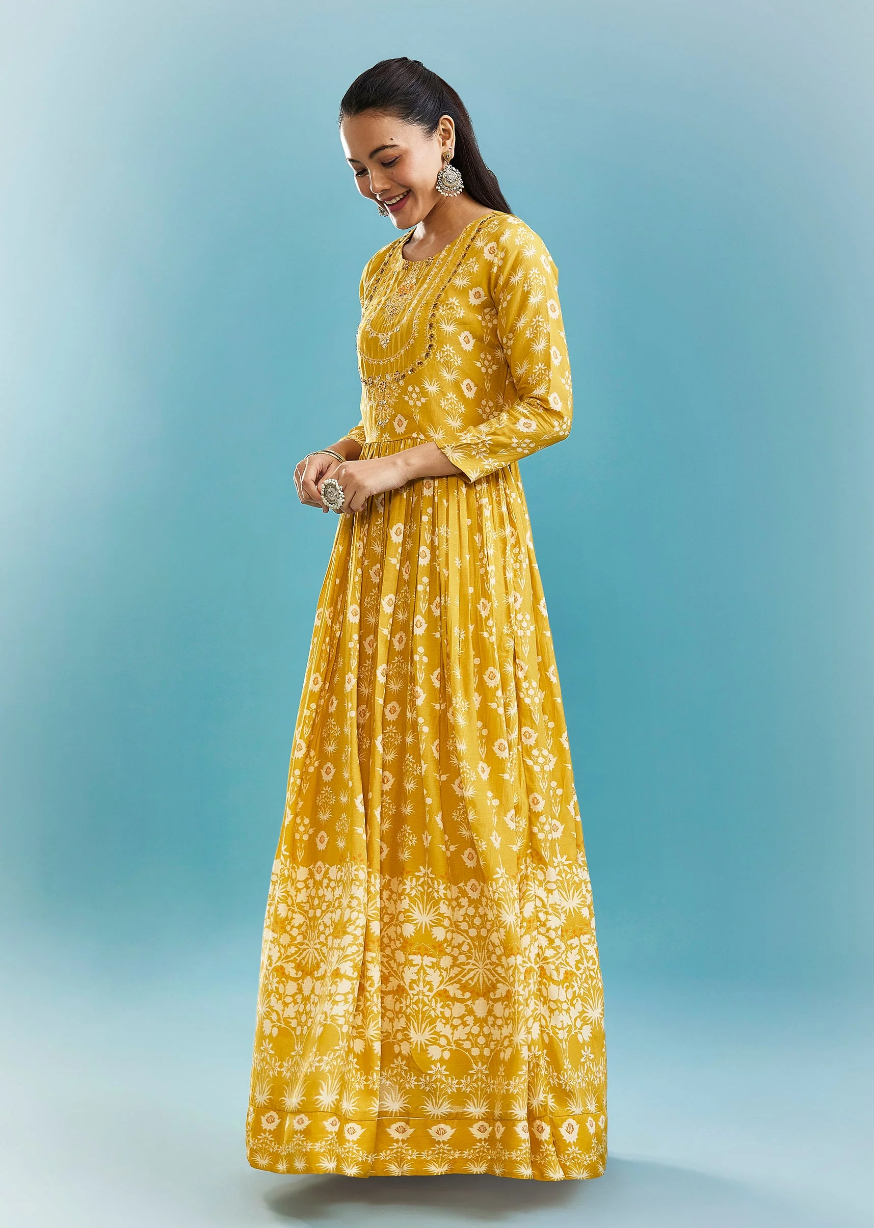 Yellow Floral Kurti With Zari Work - Image 3