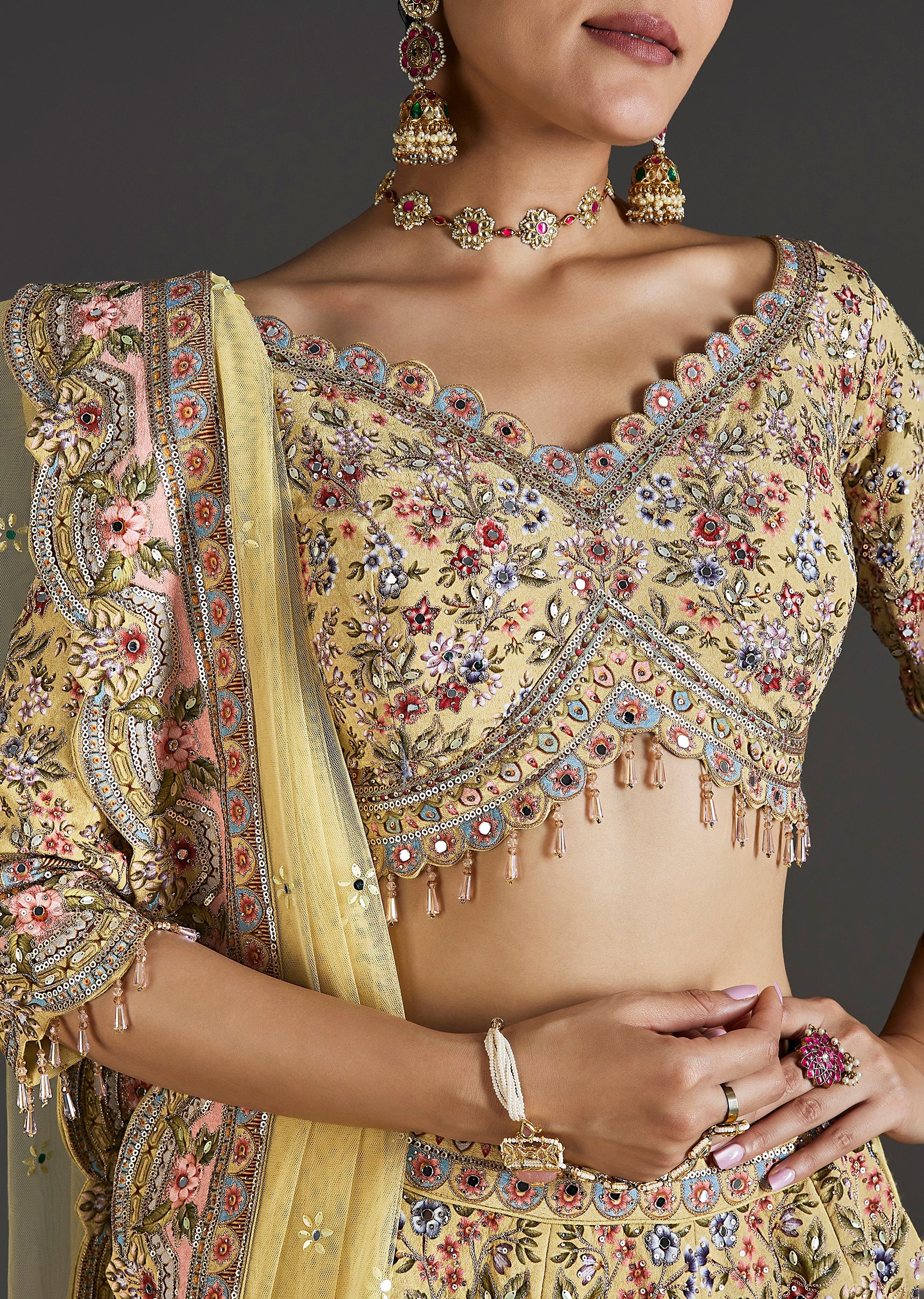Yellow Floral Lehenga With Festive Shimmer - Image 3