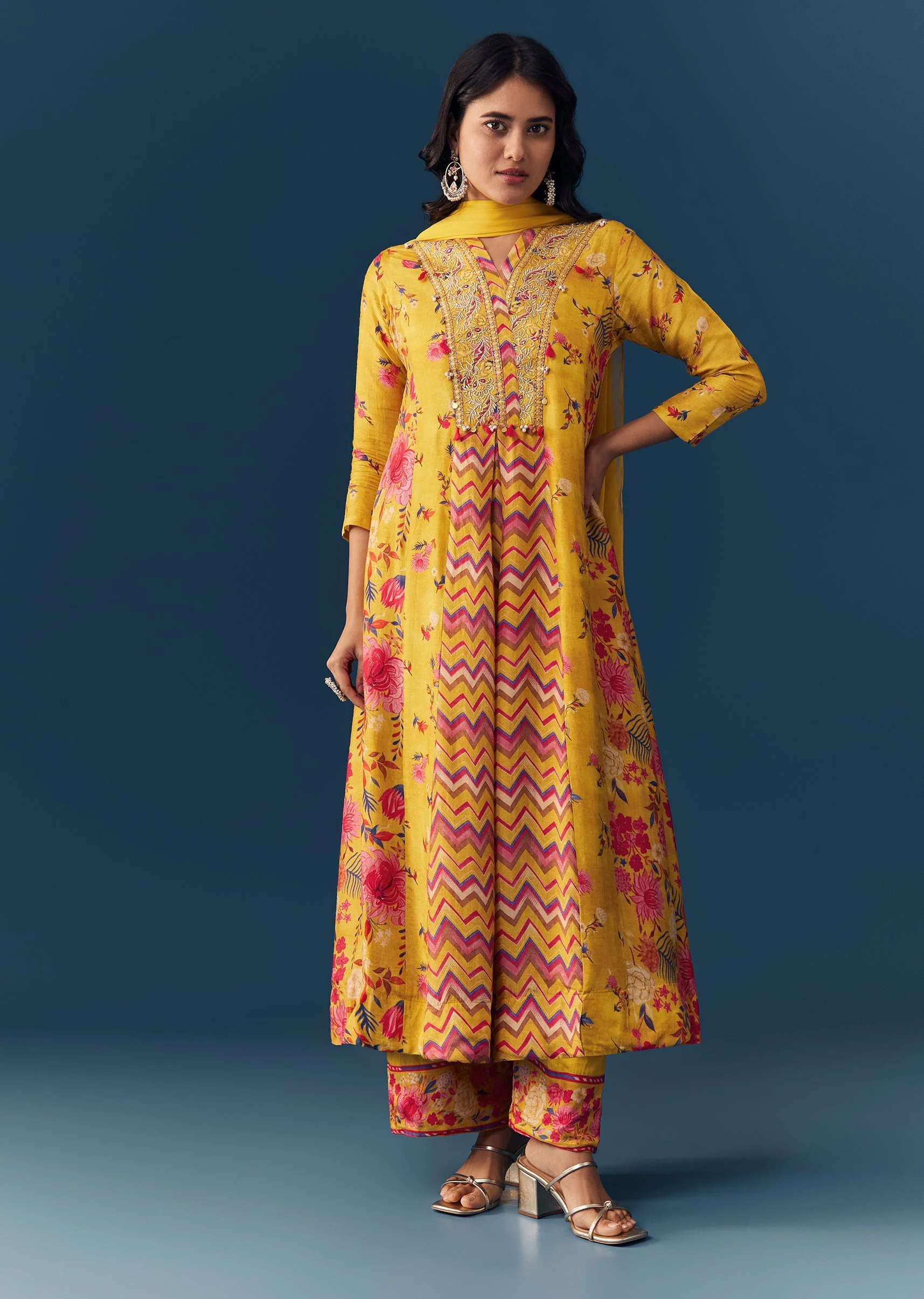 Yellow Floral Print Anarkali Set - Image 3