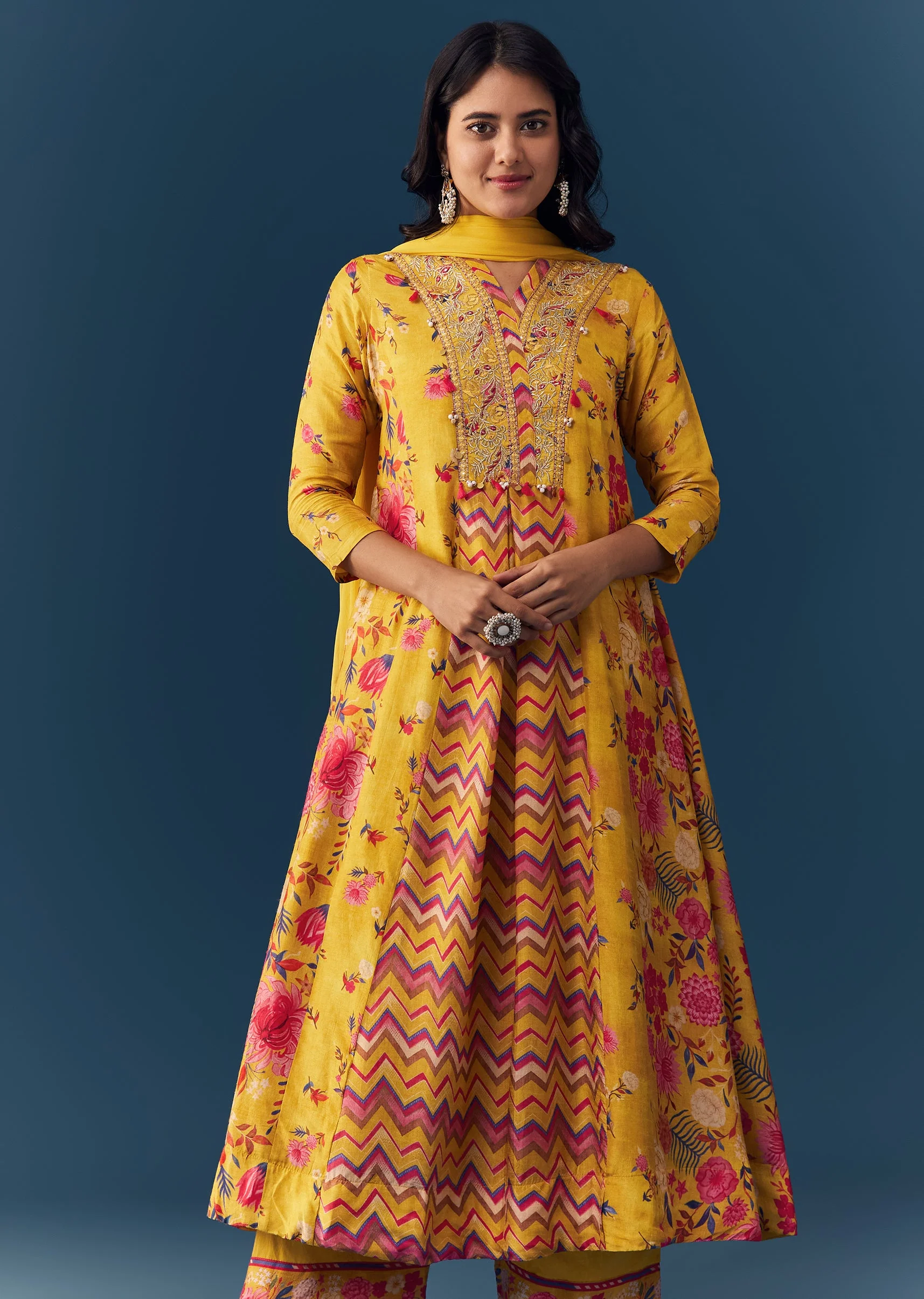 Yellow Floral Print Anarkali Set - Image 4