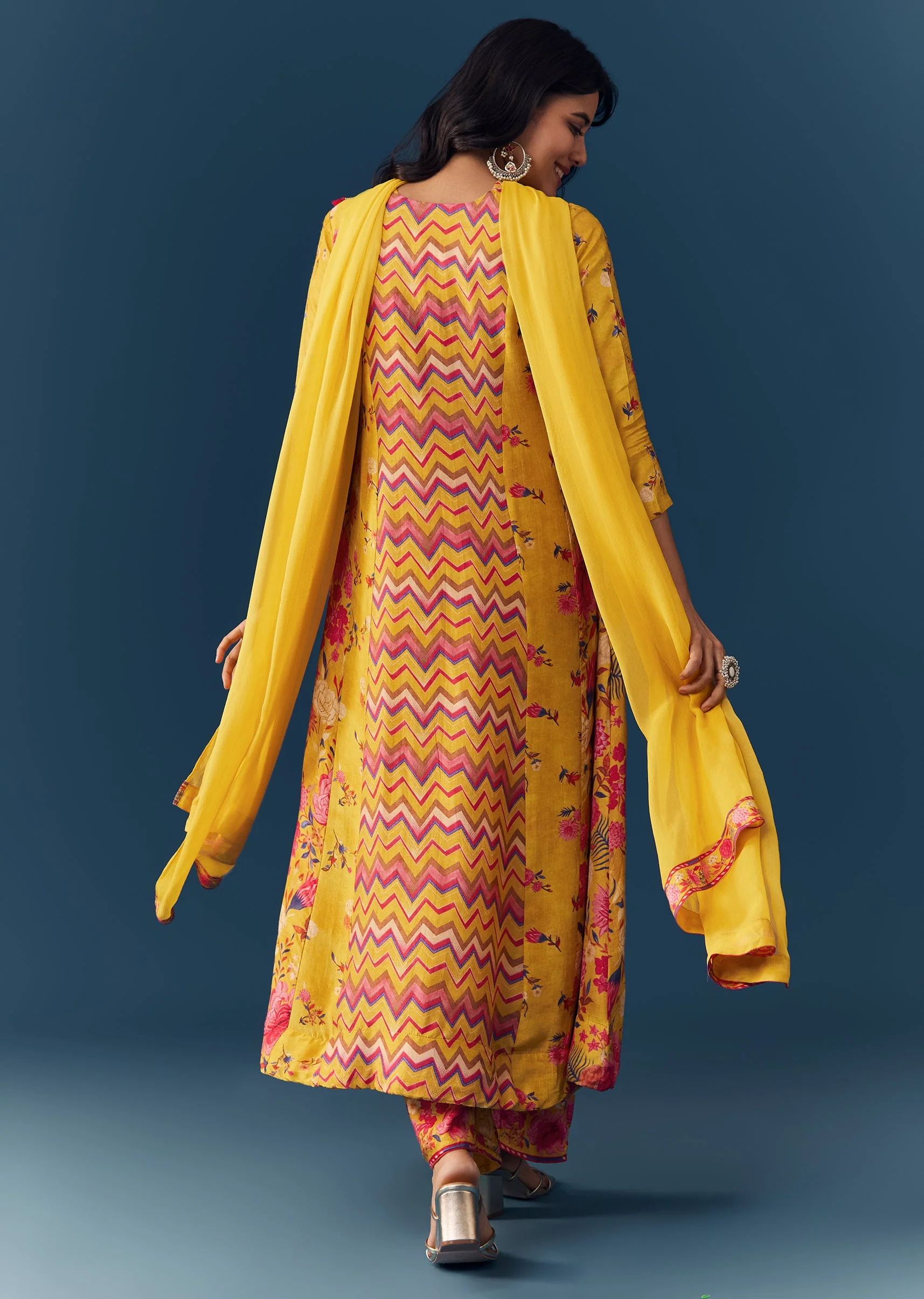 Yellow Floral Print Anarkali Set - Image 5