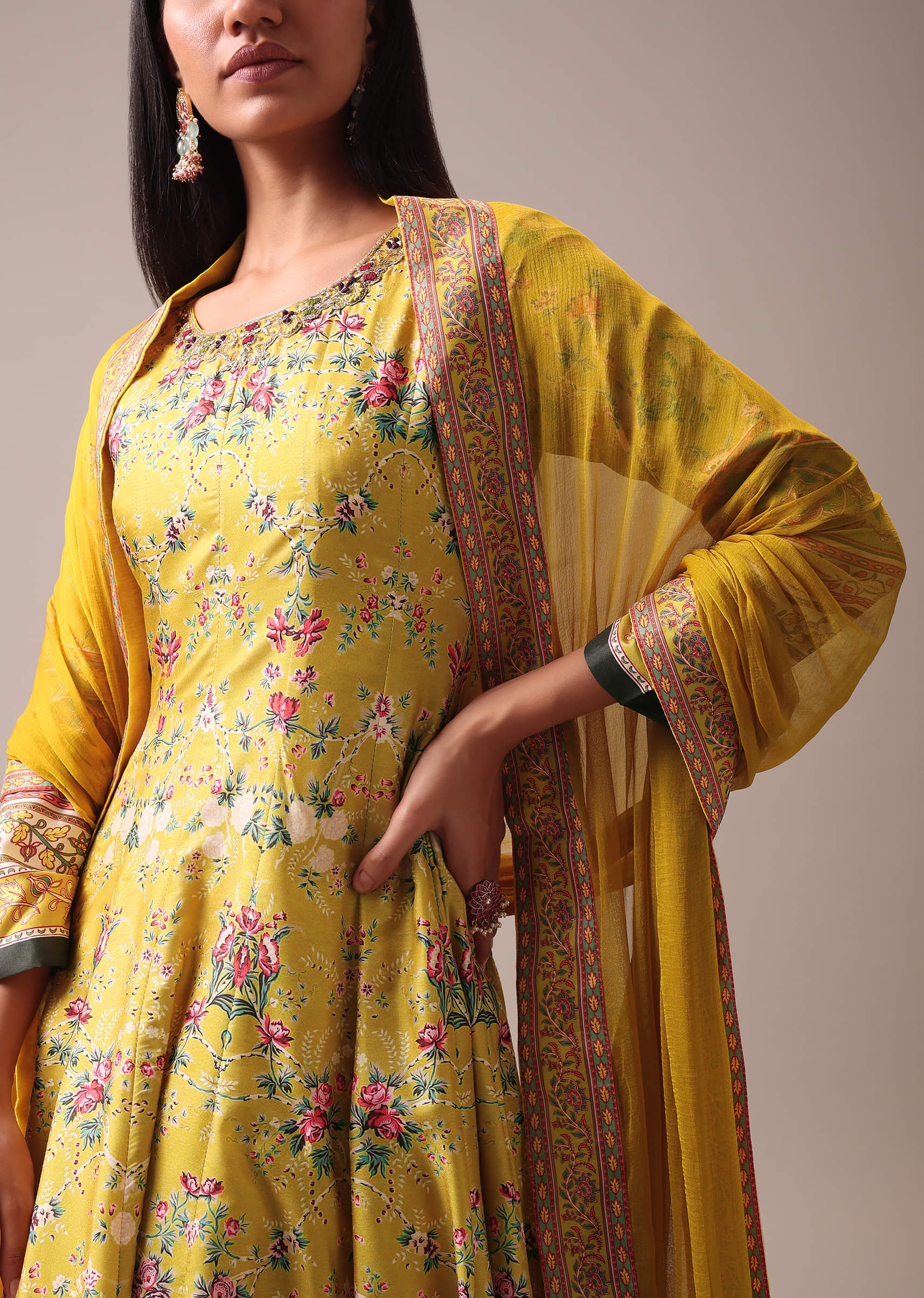 Yellow Floral Printed Anarkali Suit Set In Silk - Image 6