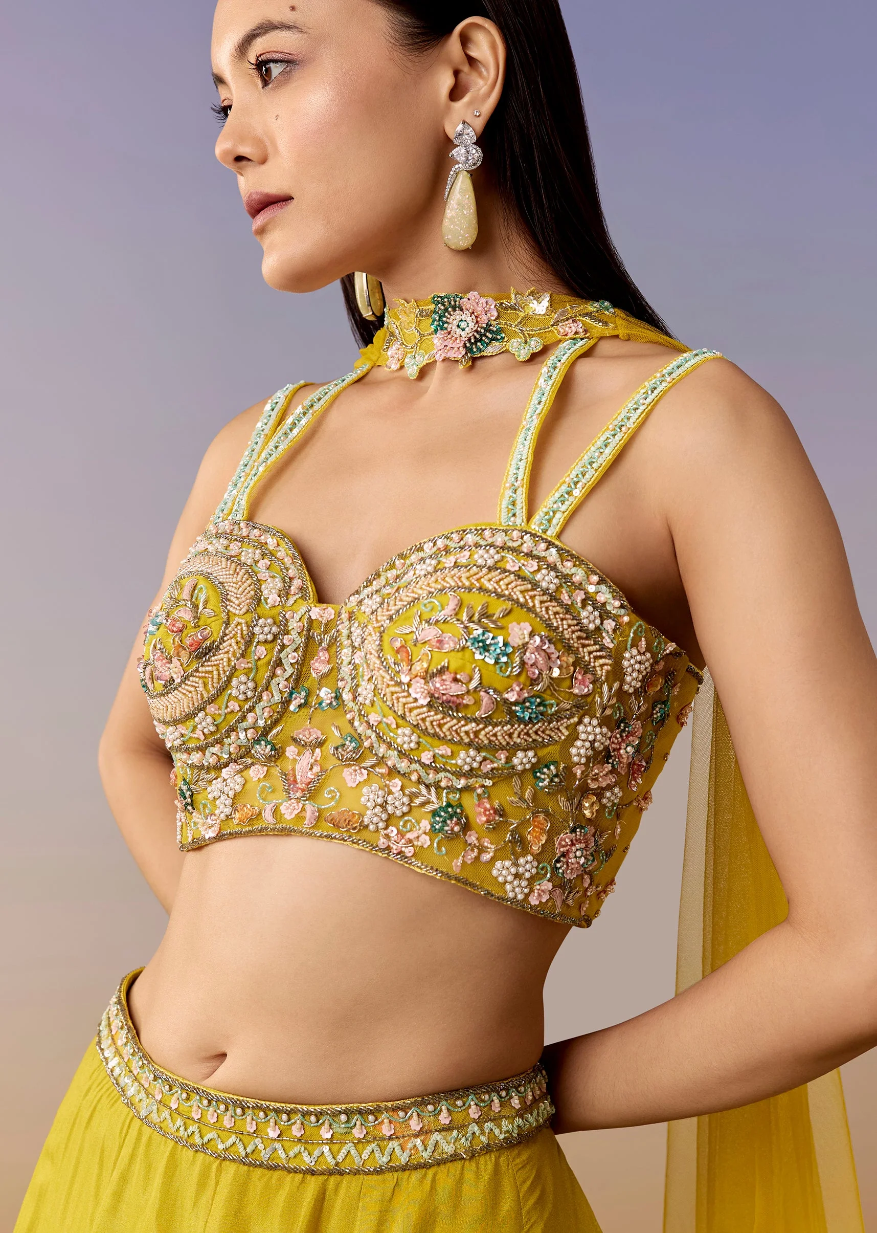 Yellow Floral Printed Bridesmaid Lehenga Set - Image 3