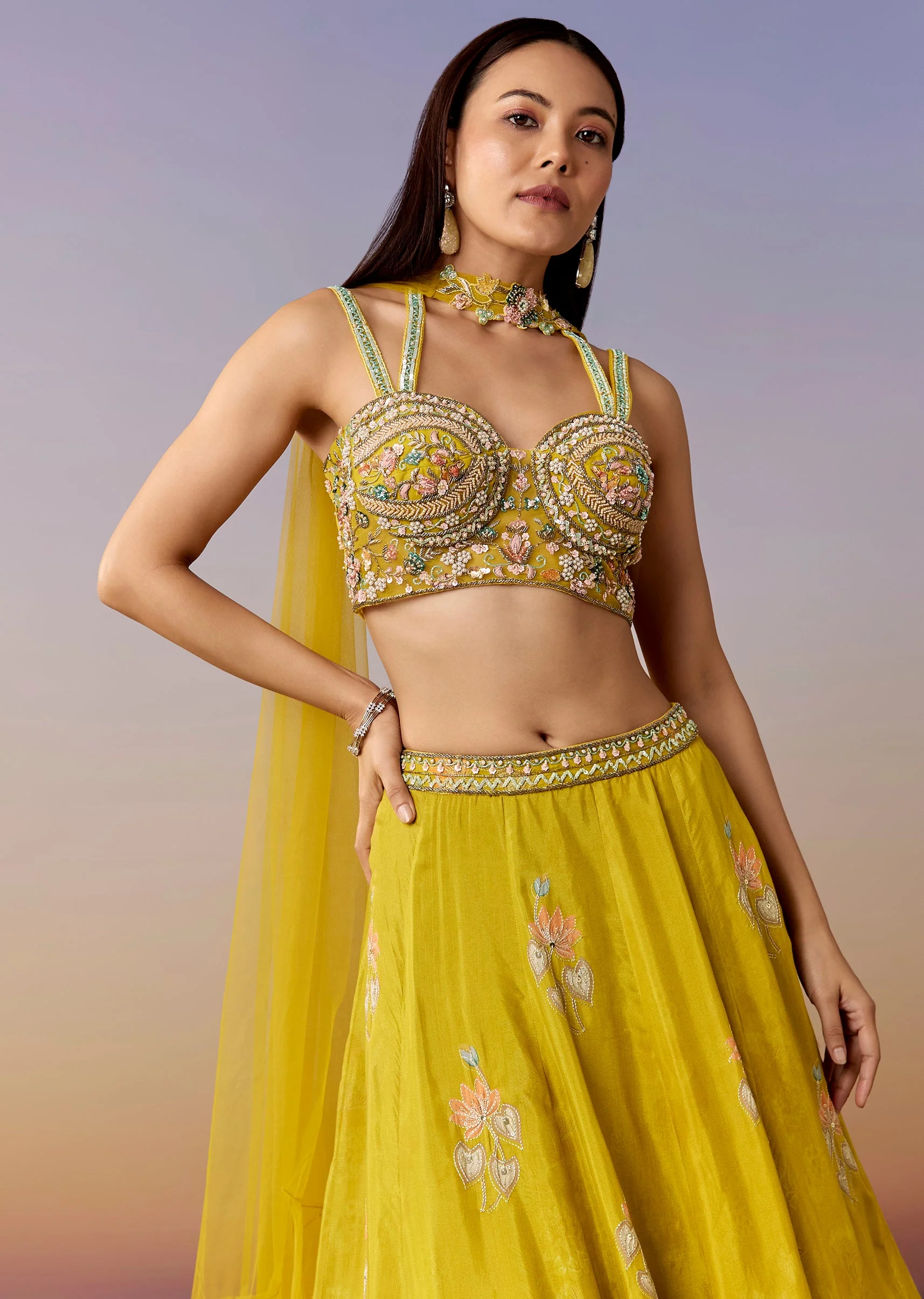 Yellow Floral Printed Bridesmaid Lehenga Set - Image 5