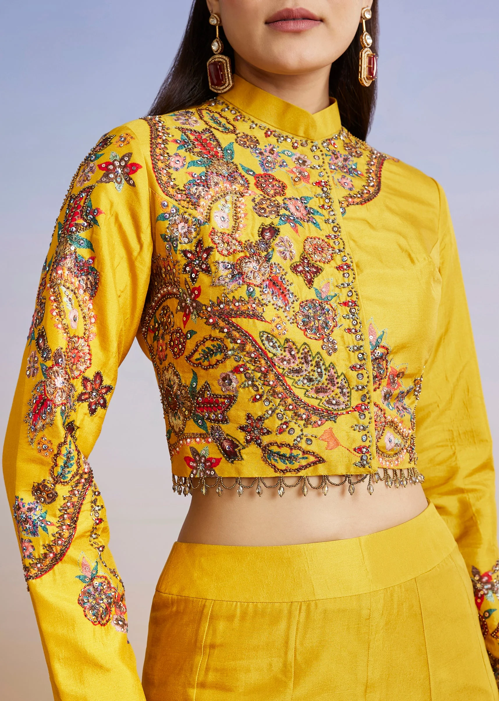Yellow Floral Printed Silk Blend Crop Top Palazzo Set - Image 2