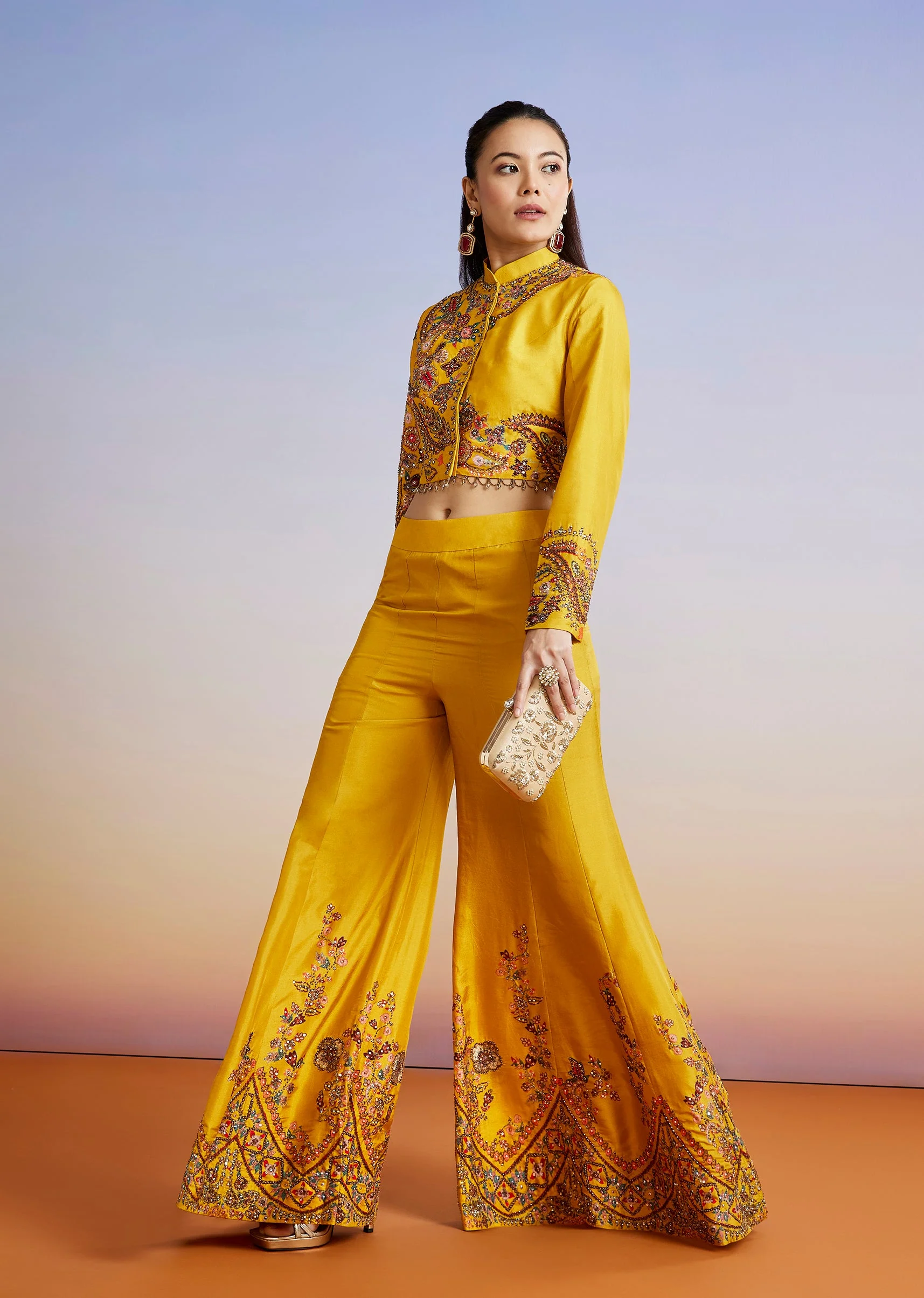 Yellow Floral Printed Silk Blend Crop Top Palazzo Set - Image 3