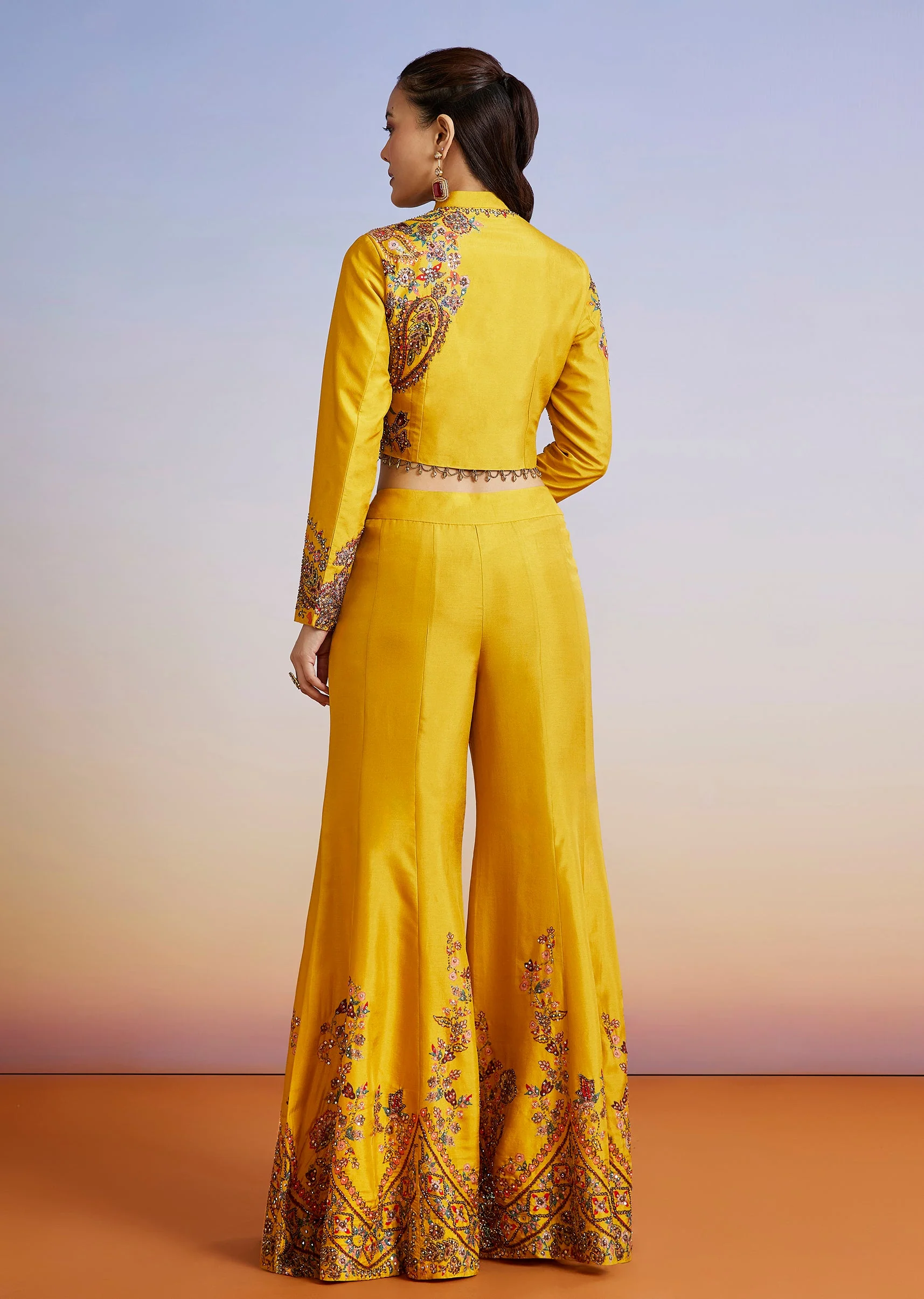 Yellow Floral Printed Silk Blend Crop Top Palazzo Set - Image 6
