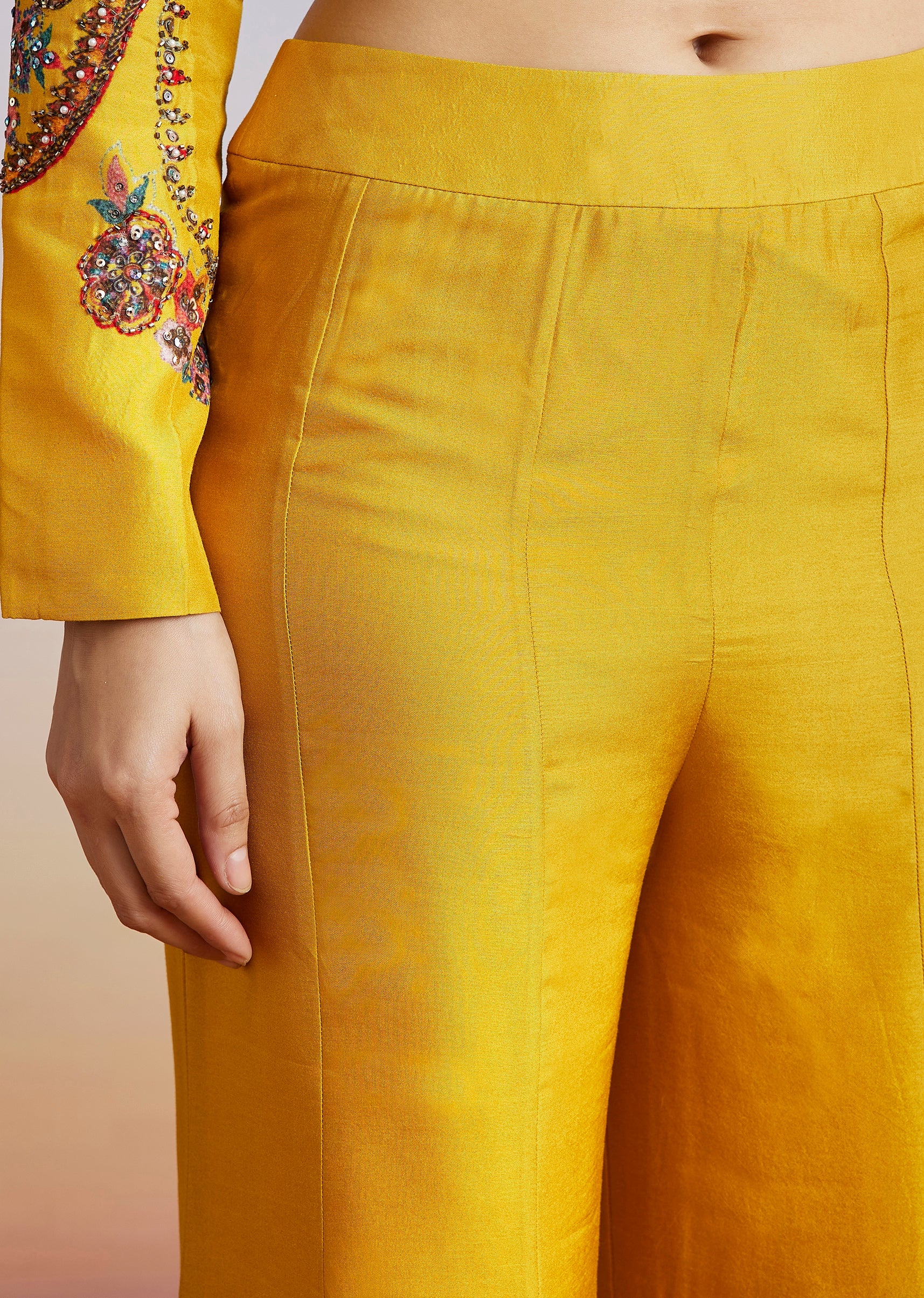 Yellow Floral Printed Silk Blend Crop Top Palazzo Set - Image 7