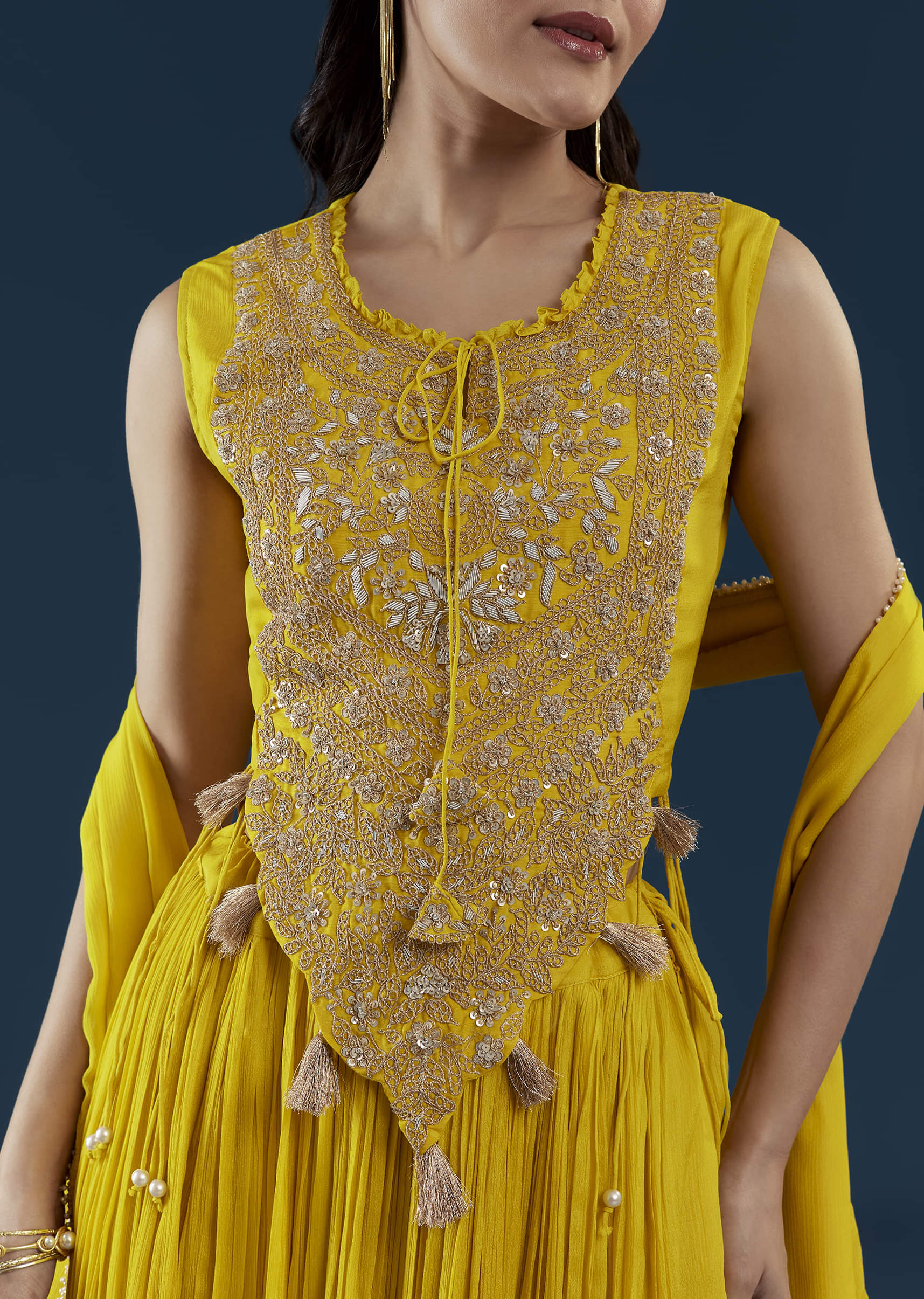 Yellow Fusion Crop Top Skirt Set with Zardozi Work - Image 2