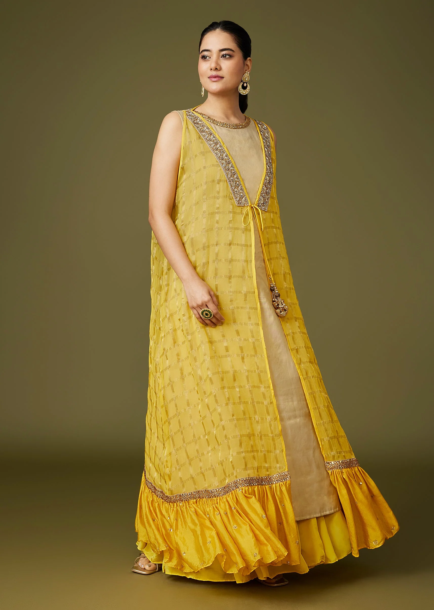 Yellow Fusion Lehenga With Banarasi Kurta And Embellished Jacket - Image 3